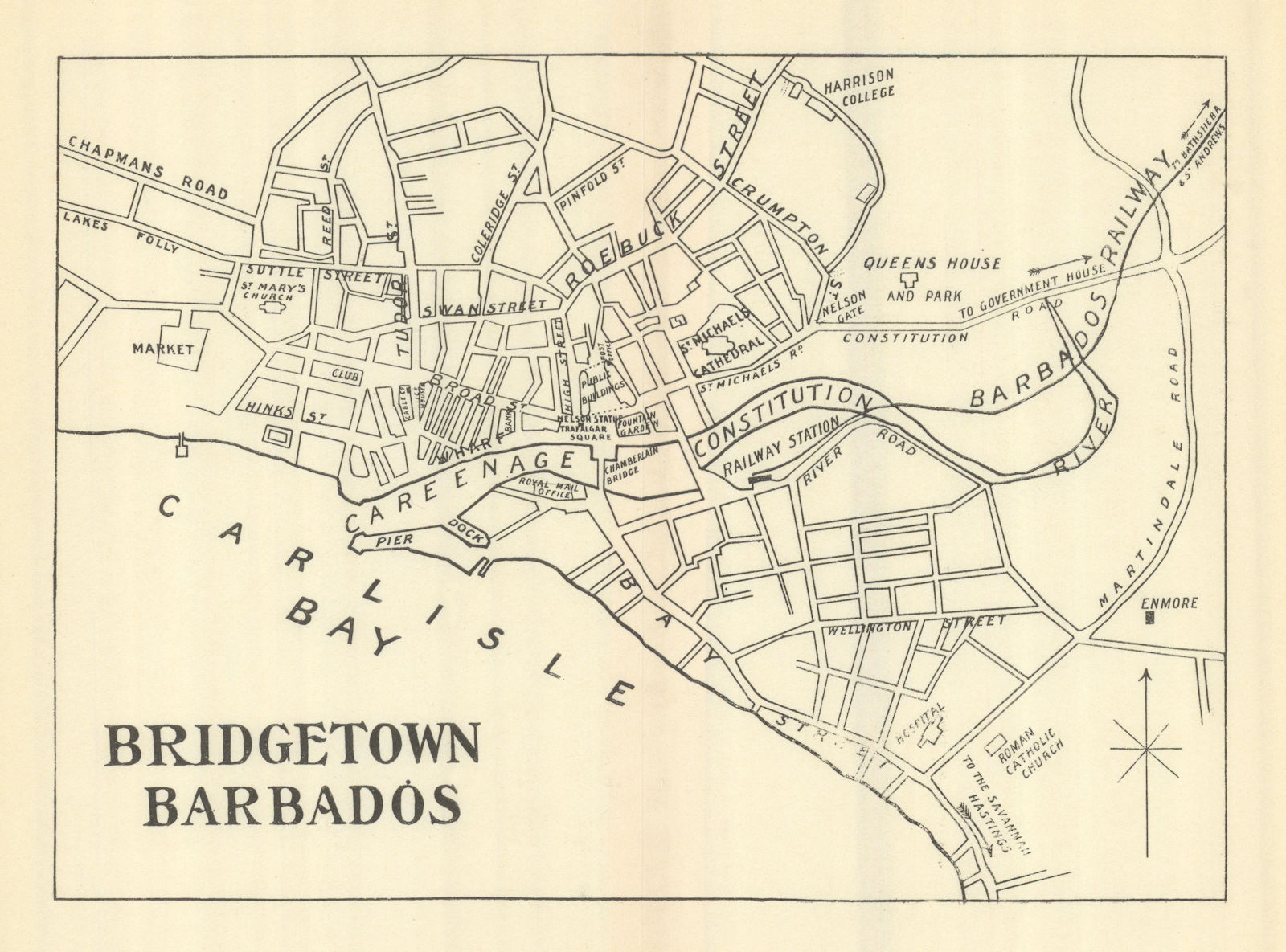 BRIDGETOWN. Vintage town map. Barbados. West Indies. Caribbean 1910 old