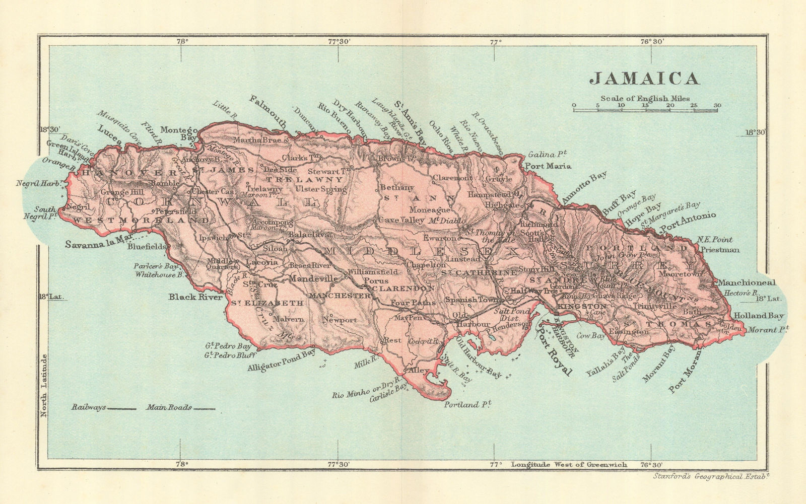 JAMAICA. Vintage map. West Indies. Caribbean 1910 old antique plan chart