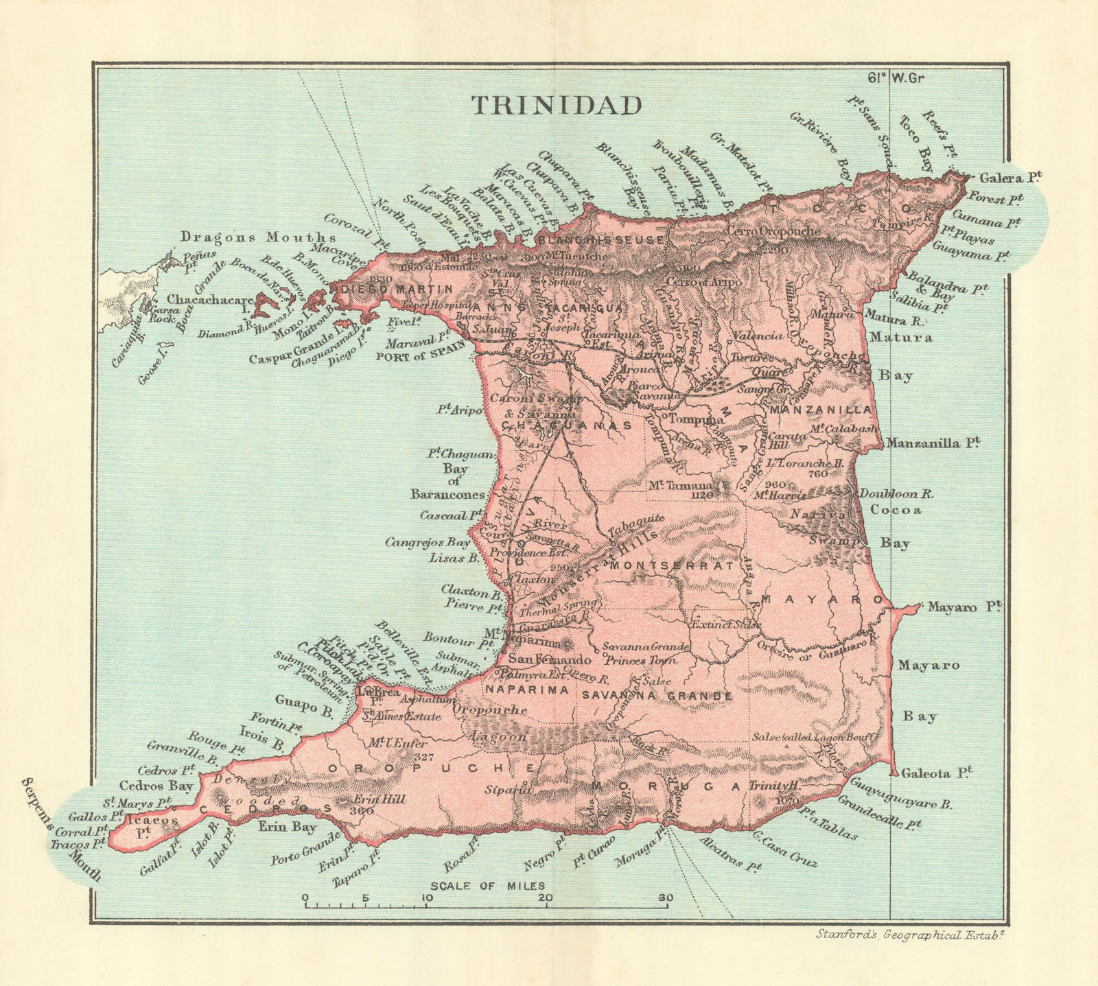 TRINIDAD. Vintage map. West Indies. Caribbean 1910 old antique plan chart