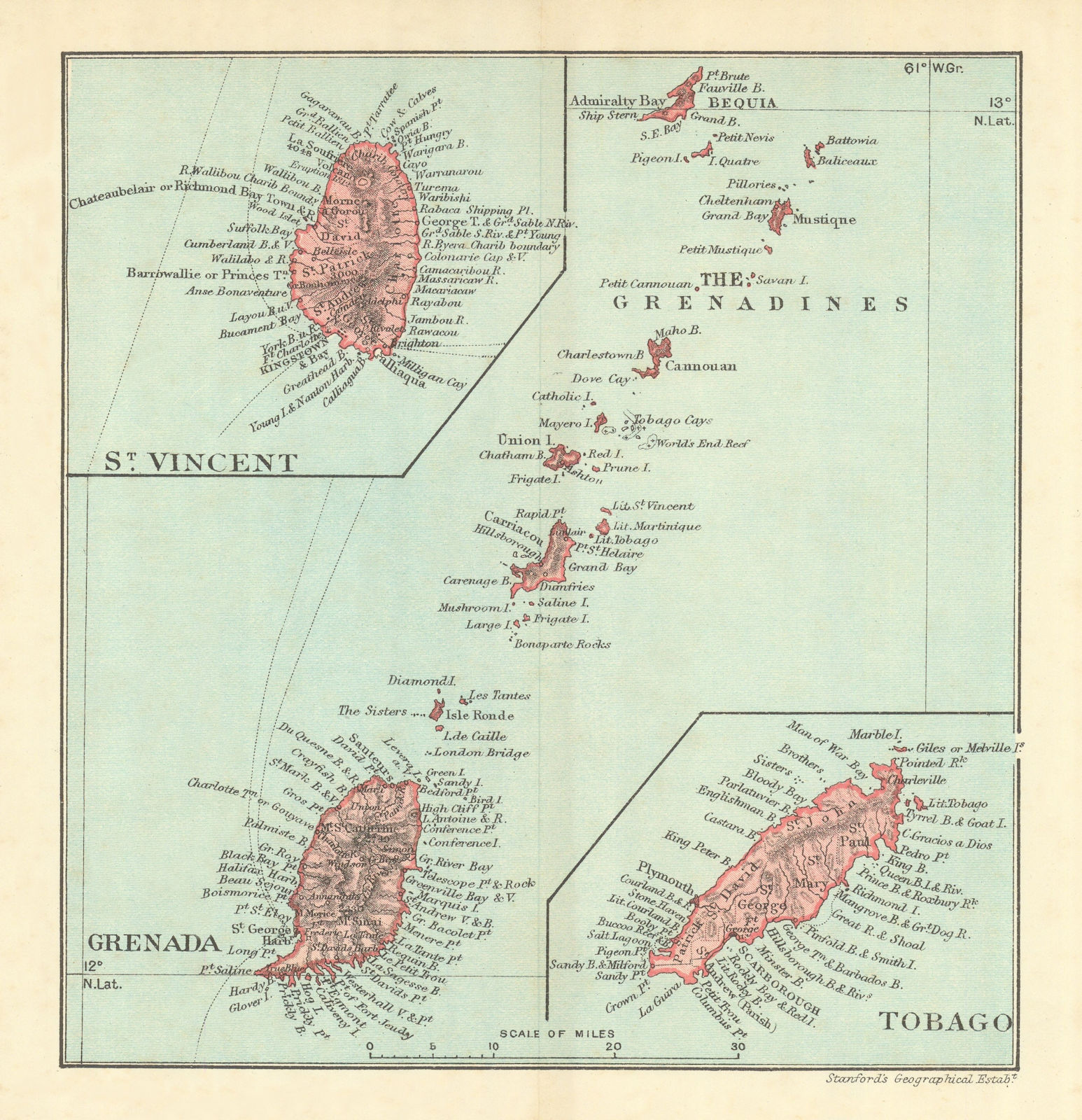 GRENADINES. Grenada & St Vincent. Also Tobago. West Indies vintage map 1910