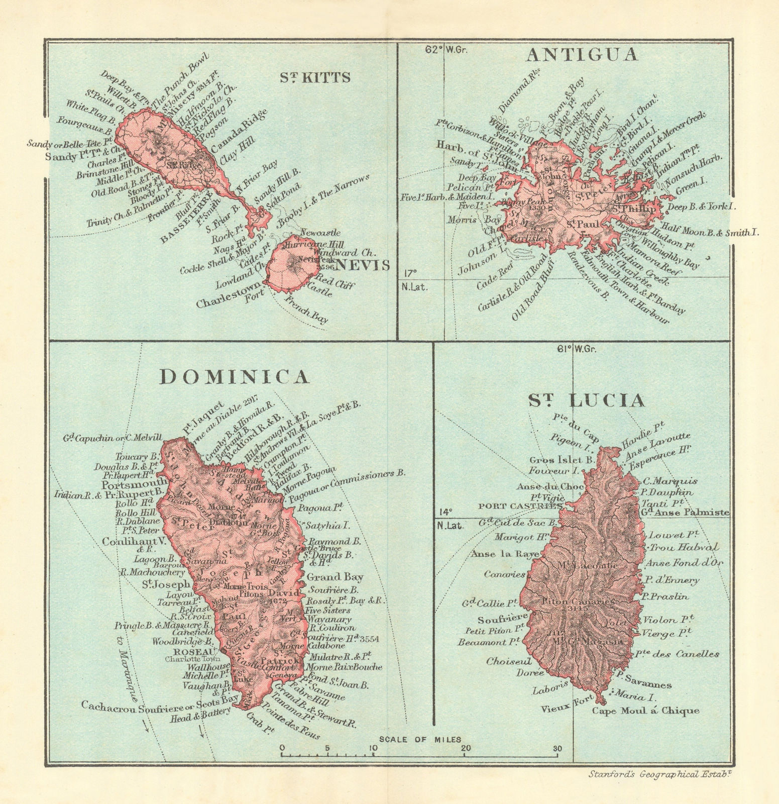 Associate Product WEST INDIES. Dominica St Kitts Antigua St Lucia Montserrat 1910 old map