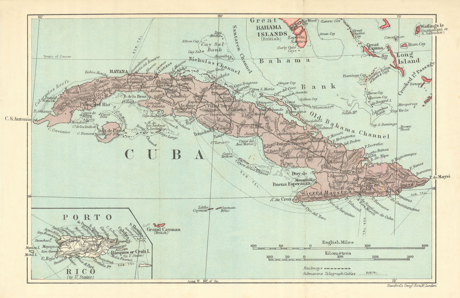 CUBA. Vintage map. Inset Puerto Rico. West Indies. Caribbean 1910 old