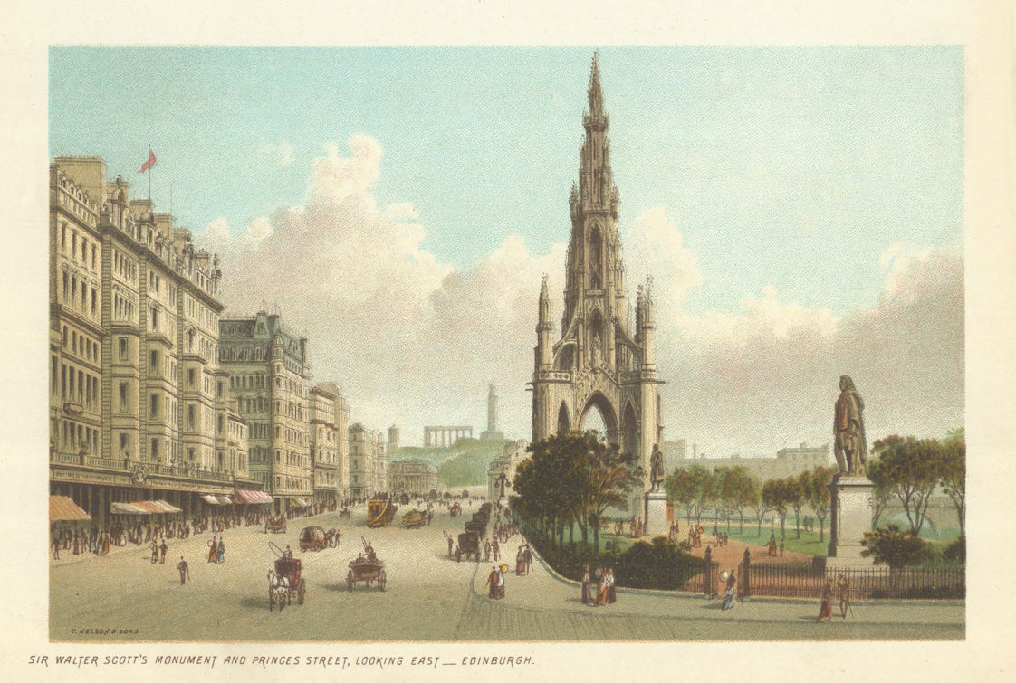 Sir Walter Scott's Monument & Princes Street, Edinburgh. Chromolithograph 1891
