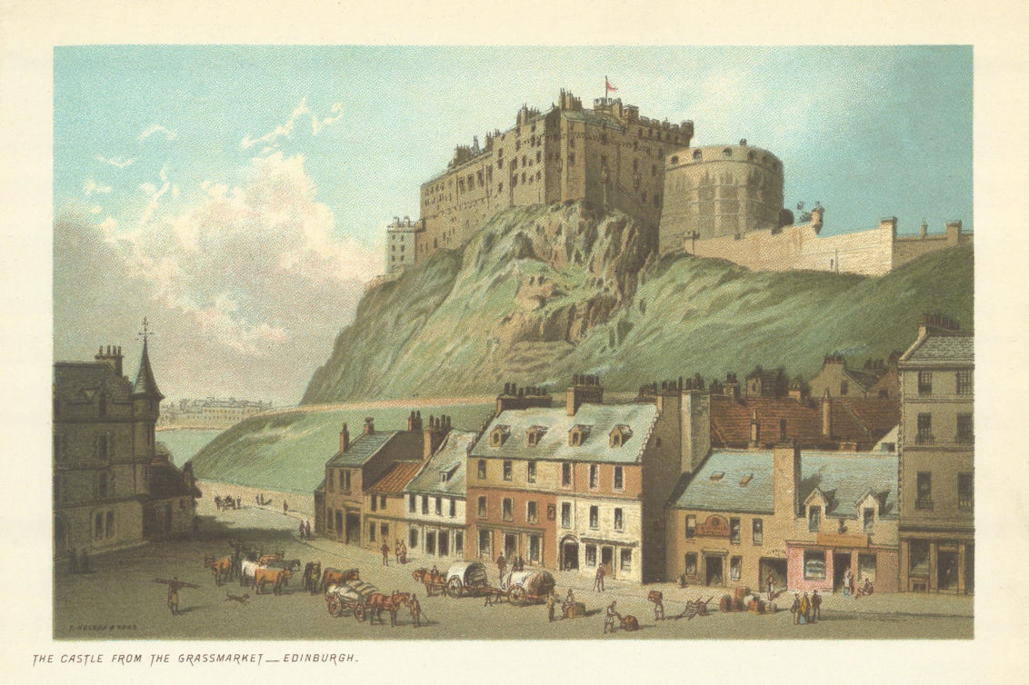 The Castle from the Grassmarket, Edinburgh. Antique chromolithograph 1891