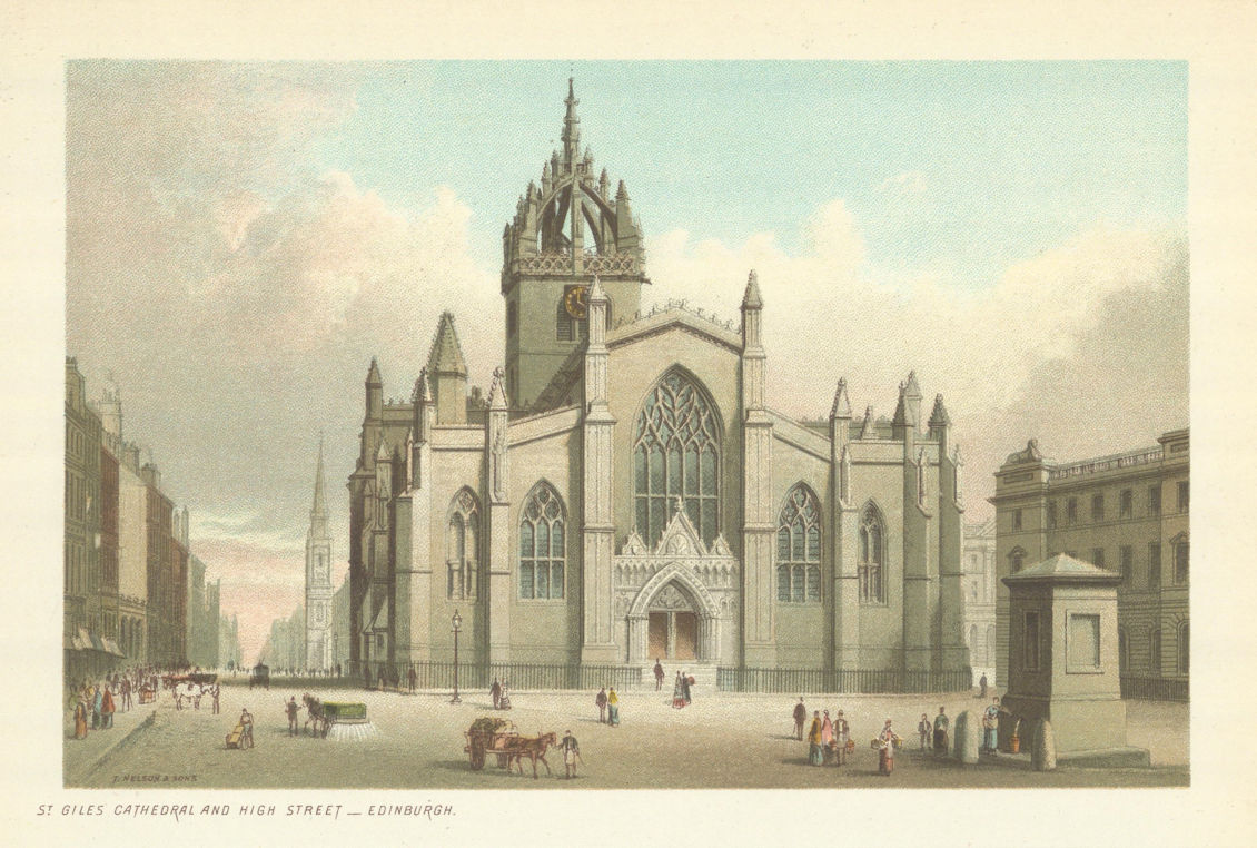 St Giles's Cathedral and High Street, Edinburgh. Antique chromolithograph 1891