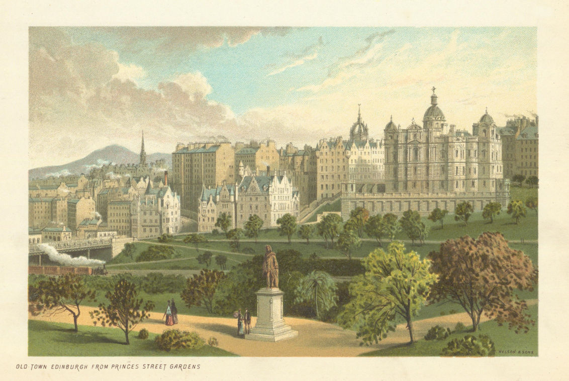 Old Town Edinburgh from Princes Street Gardens. Antique chromolithograph 1891