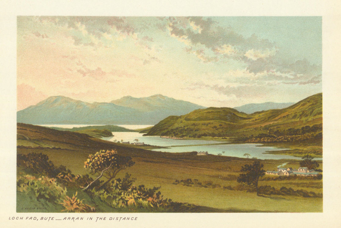 Loch Fad, Bute - Arran In the Distance. Scotland antique chromolithograph 1891