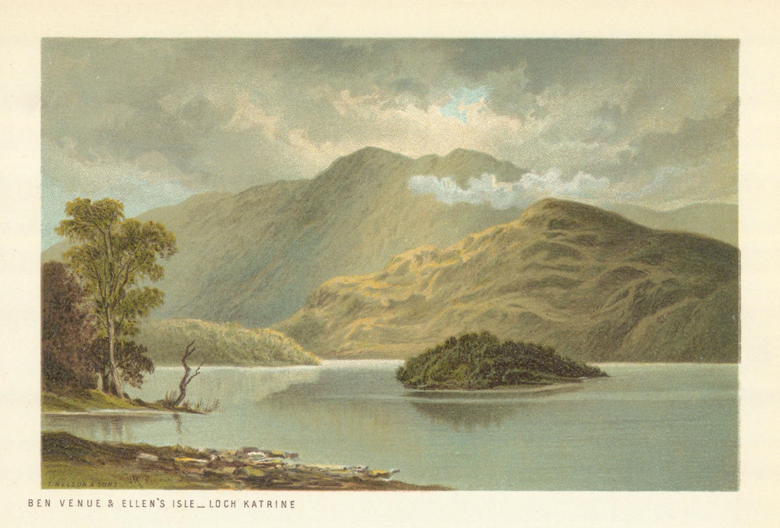 Ben Venue and Ellen's Isle, Loch Katrine. Scotland antique chromolithograph 1891