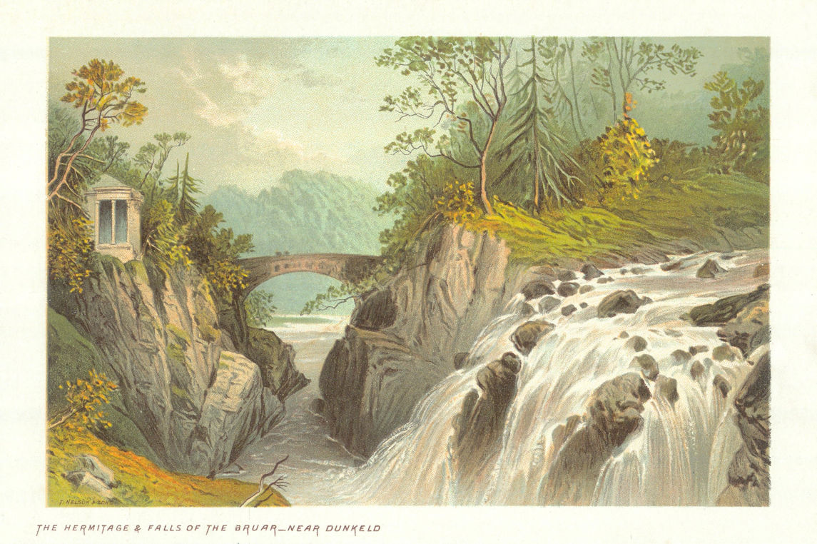 The Hermitage & Falls of the Braan, near Dunkeld. Antique chromolithograph 1891