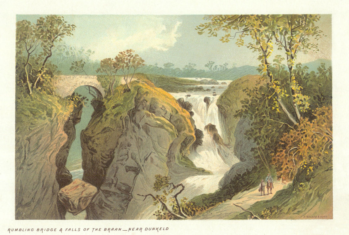 Rumbling Bridge & Falls of the Braan near Dunkeld. Antique chromolithograph 1891