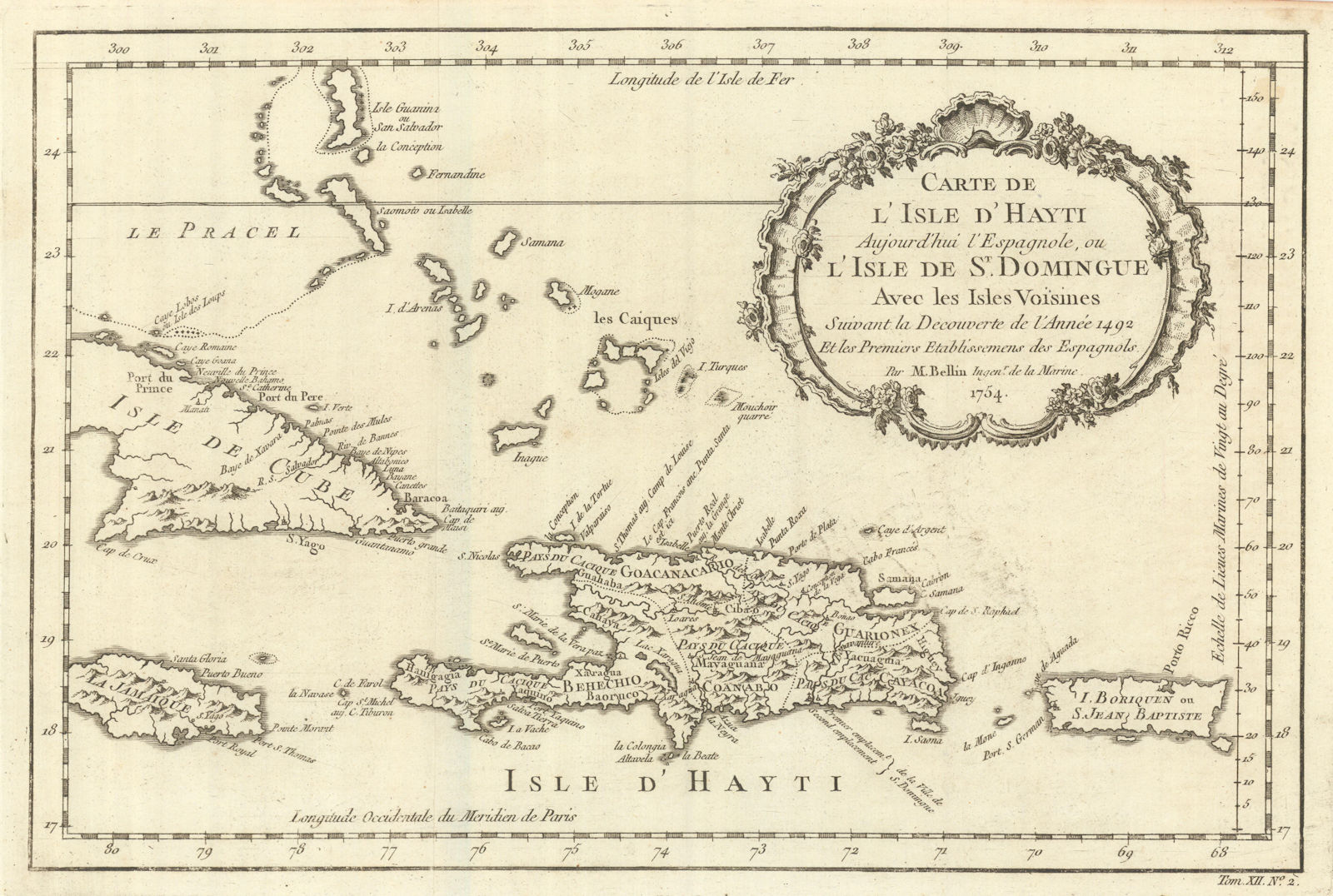 'Carte de I’Isle d’Hayti…ou St. Domingue' Hispaniola Bahamas. BELLIN 1754 map