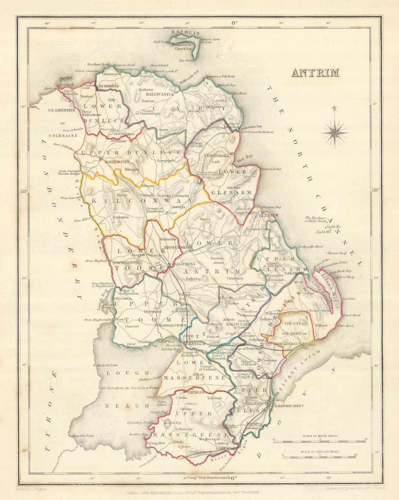 Associate Product COUNTY ANTRIM antique map for LEWIS by CREIGHTON & DOWER. Ulster 1850 old