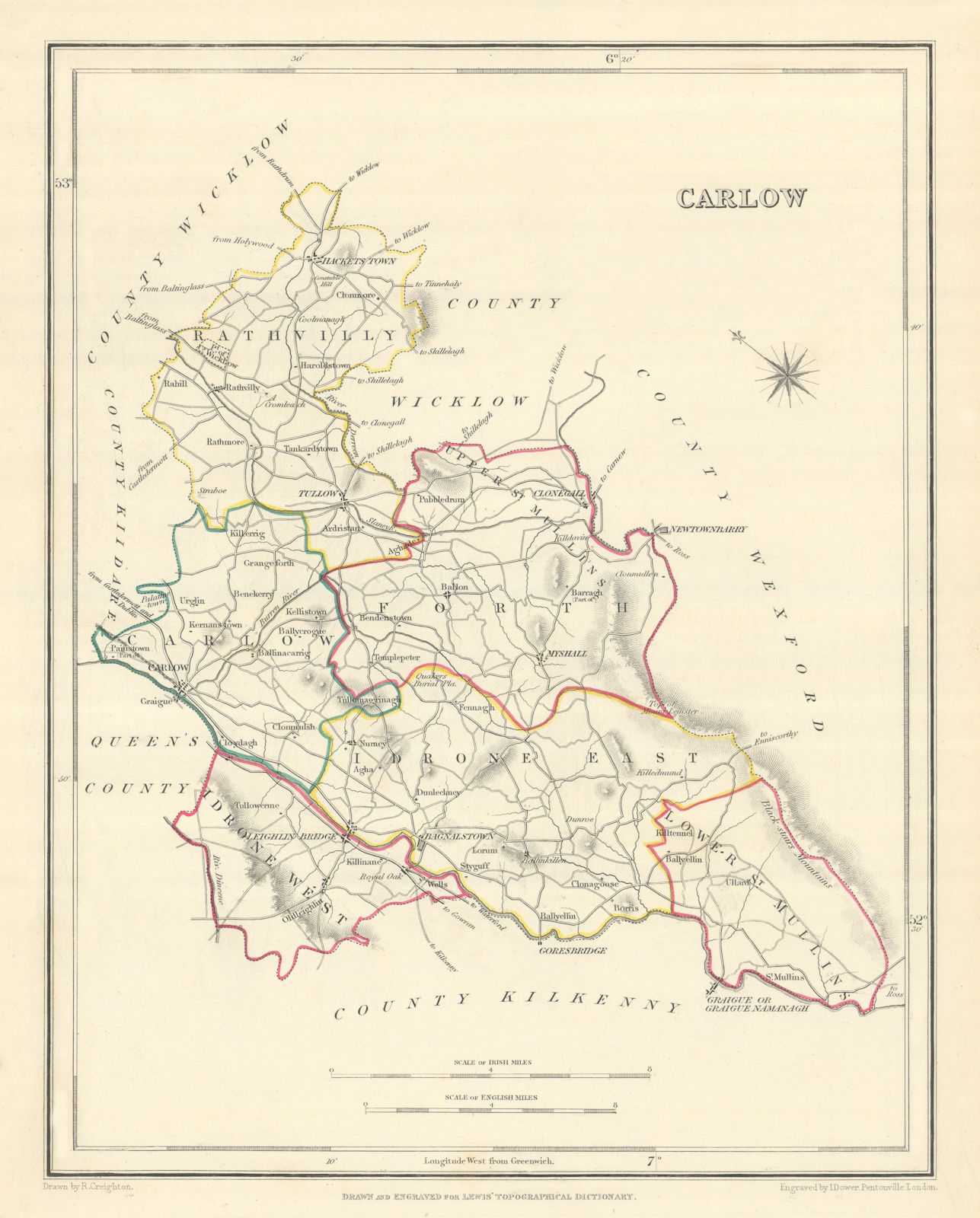 COUNTY CARLOW antique map for LEWIS by CREIGHTON & DOWER. Ireland 1850 old