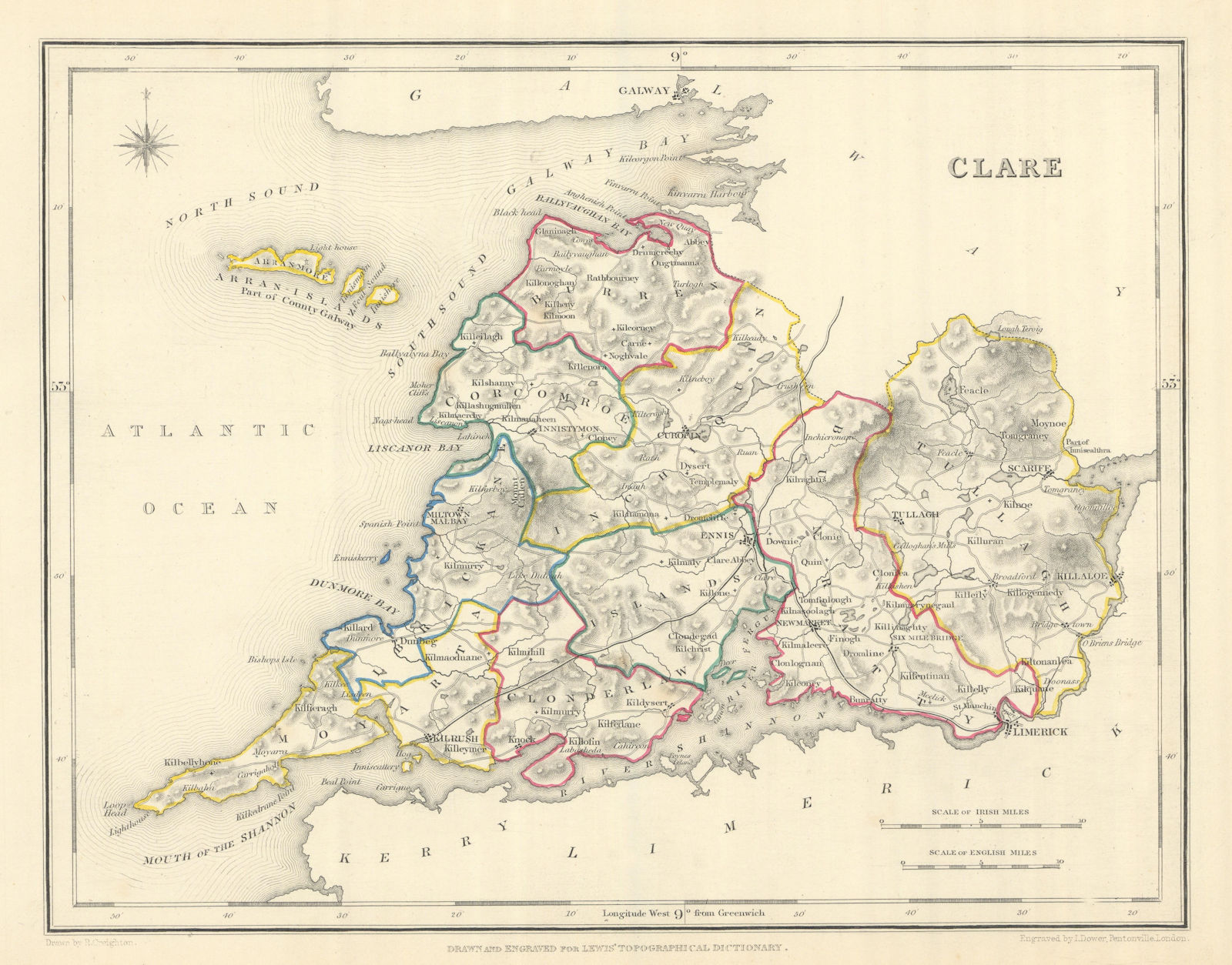 COUNTY CLARE antique map for LEWIS by CREIGHTON & DOWER. Ireland 1850 old