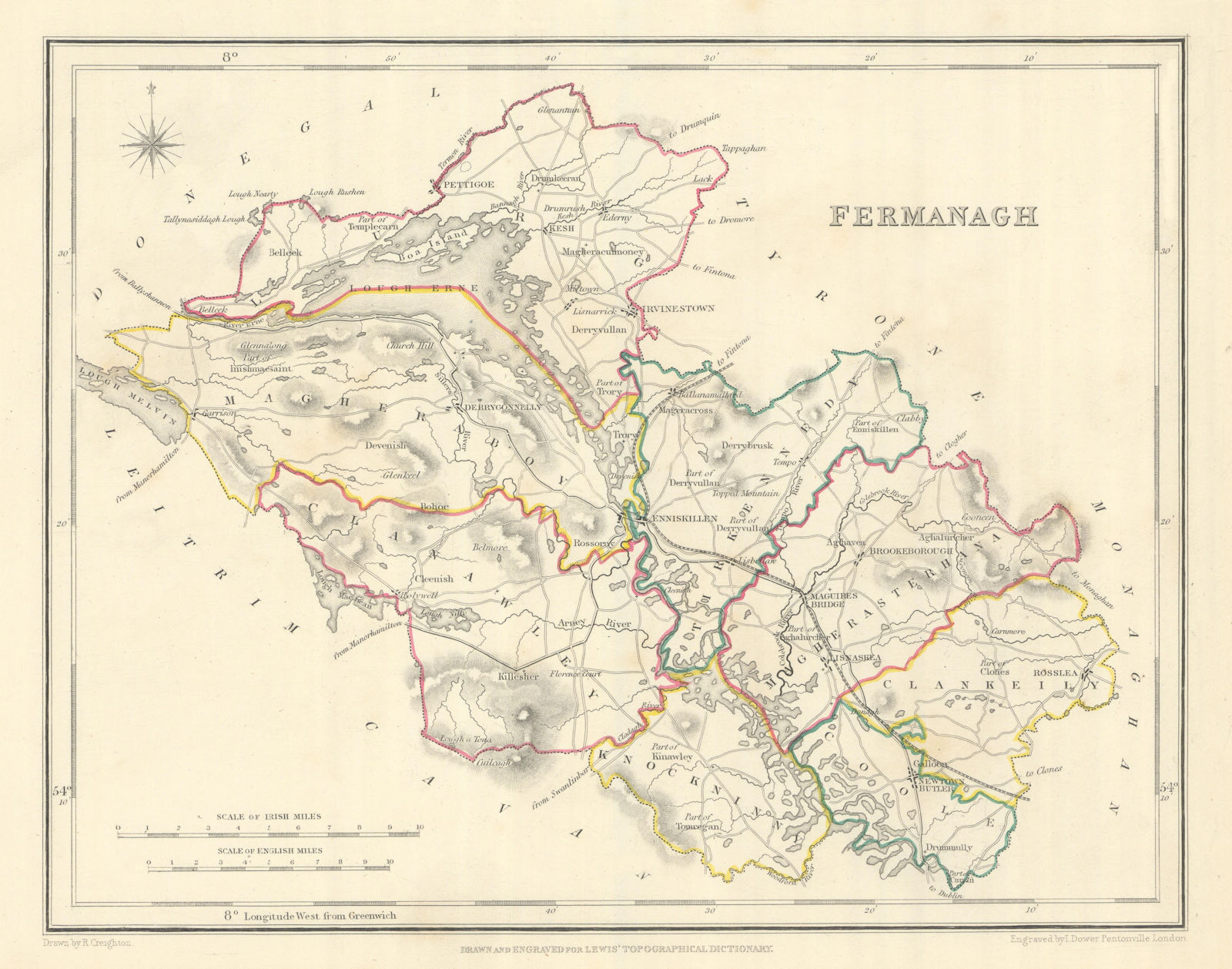 COUNTY FERMANAGH antique map for LEWIS by CREIGHTON & DOWER. Ulster 1850