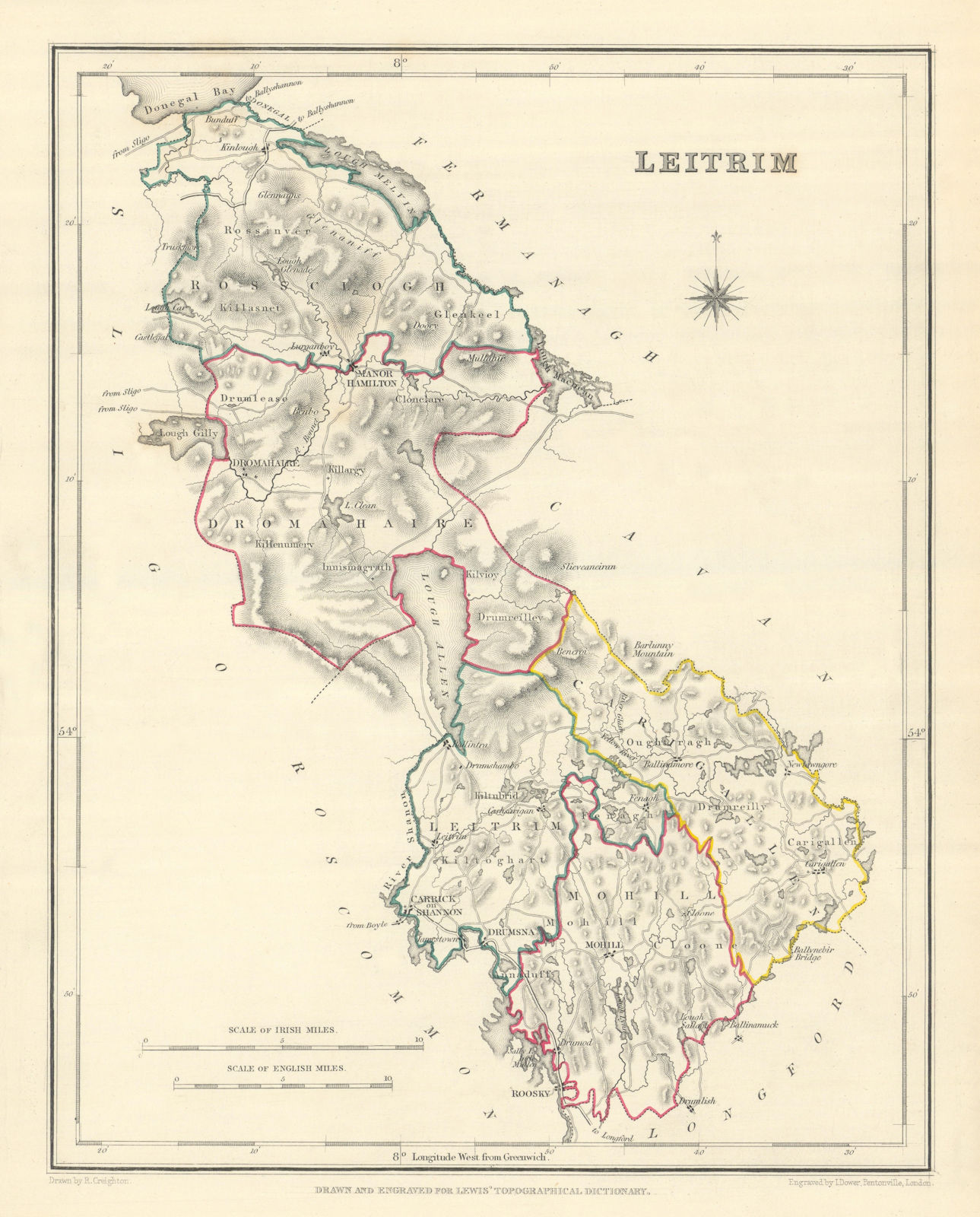 COUNTY LEITRIM antique map for LEWIS by CREIGHTON & DOWER. Ireland 1850