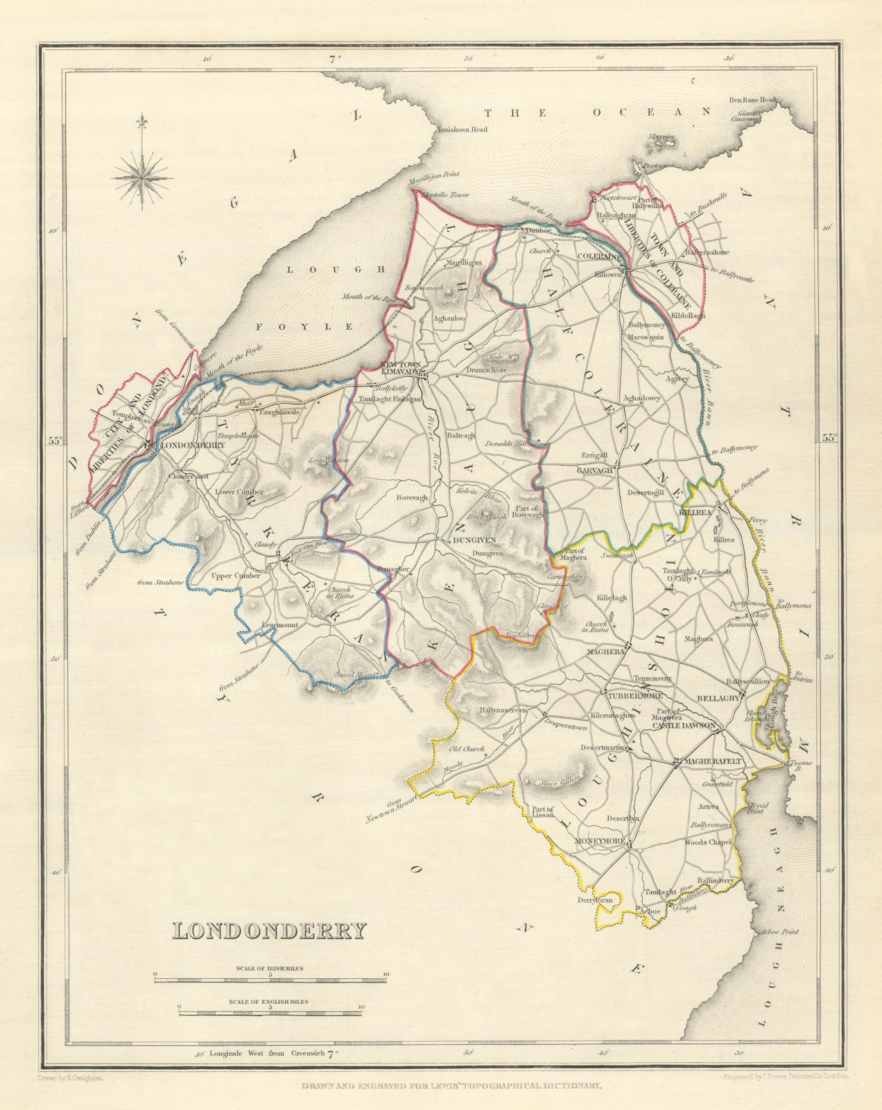 COUNTY LONDONDERRY antique map for LEWIS by CREIGHTON & DOWER. Ulster 1850