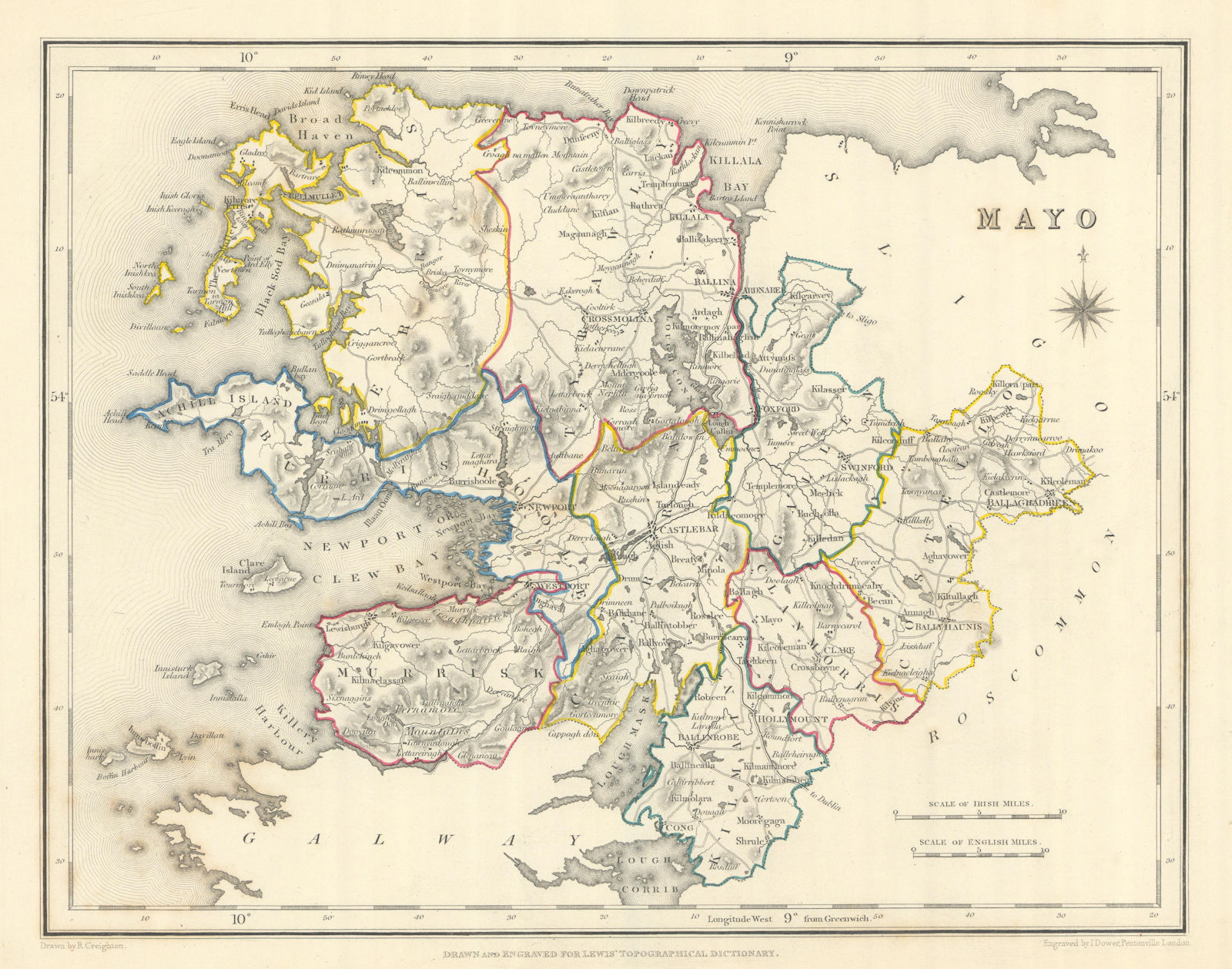 COUNTY MAYO antique map for LEWIS by CREIGHTON & DOWER. Ireland 1850 old