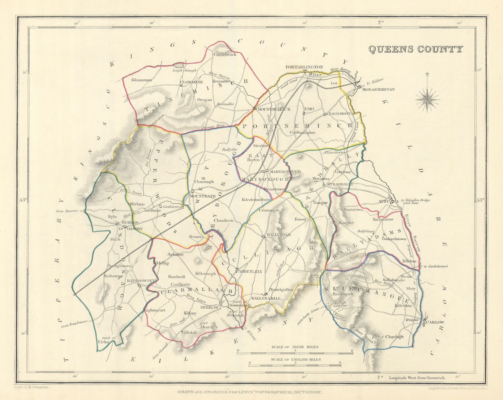 QUEENS COUNTY (LAOIS) antique map for LEWIS. CREIGHTON & DOWER. Ireland 1850