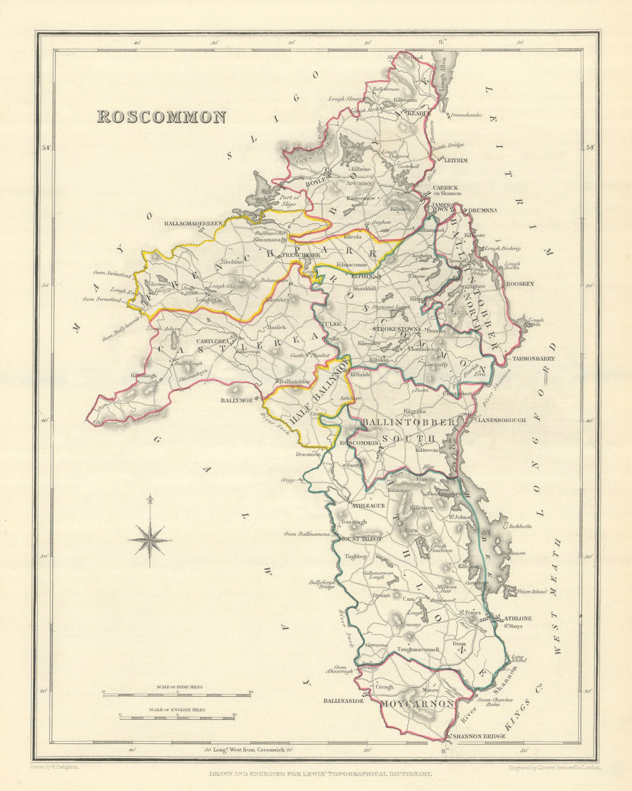 COUNTY ROSCOMMON antique map for LEWIS by CREIGHTON & DOWER. Ireland 1850