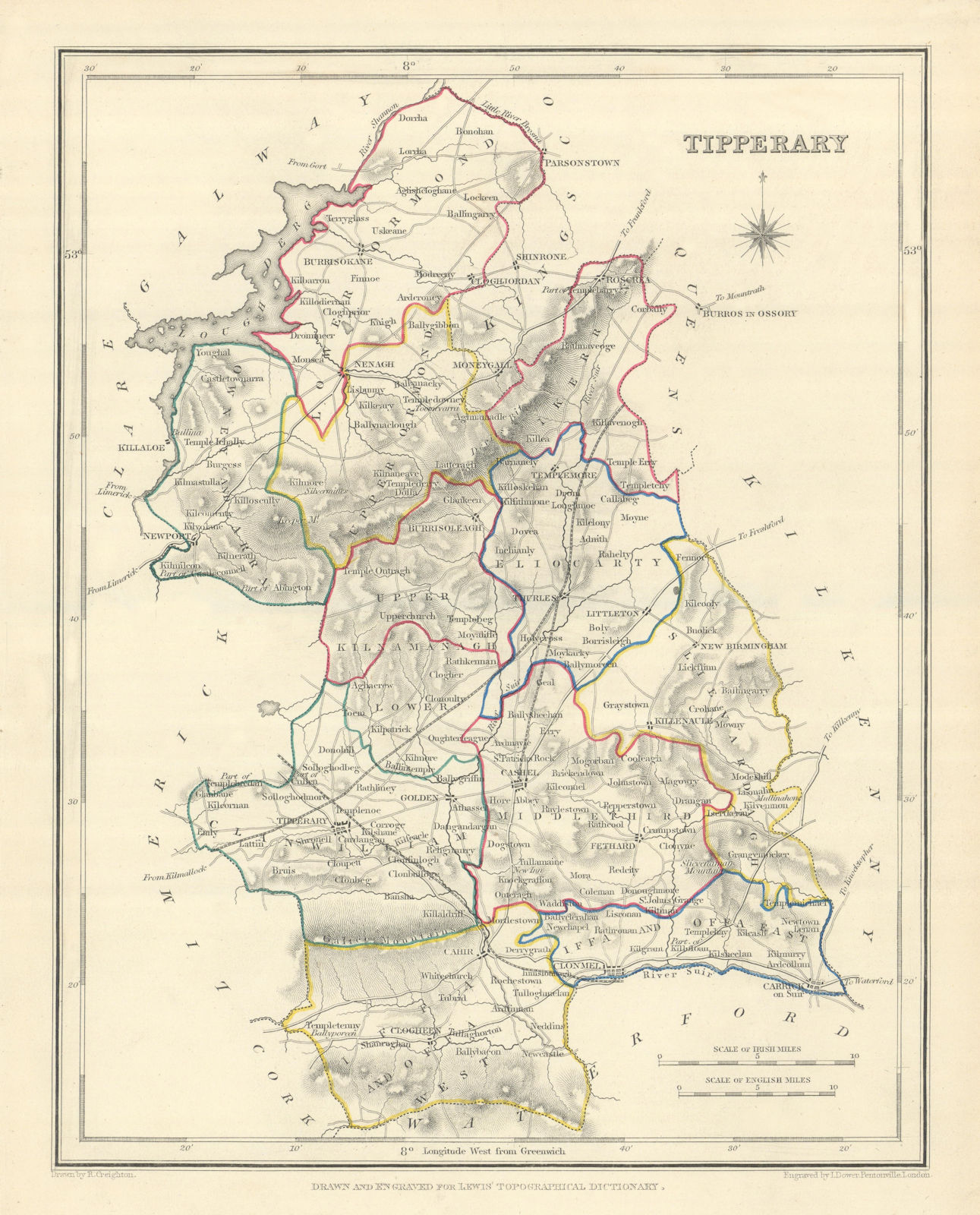 COUNTY TIPPERARY antique map for LEWIS by CREIGHTON & DOWER. Ireland 1850