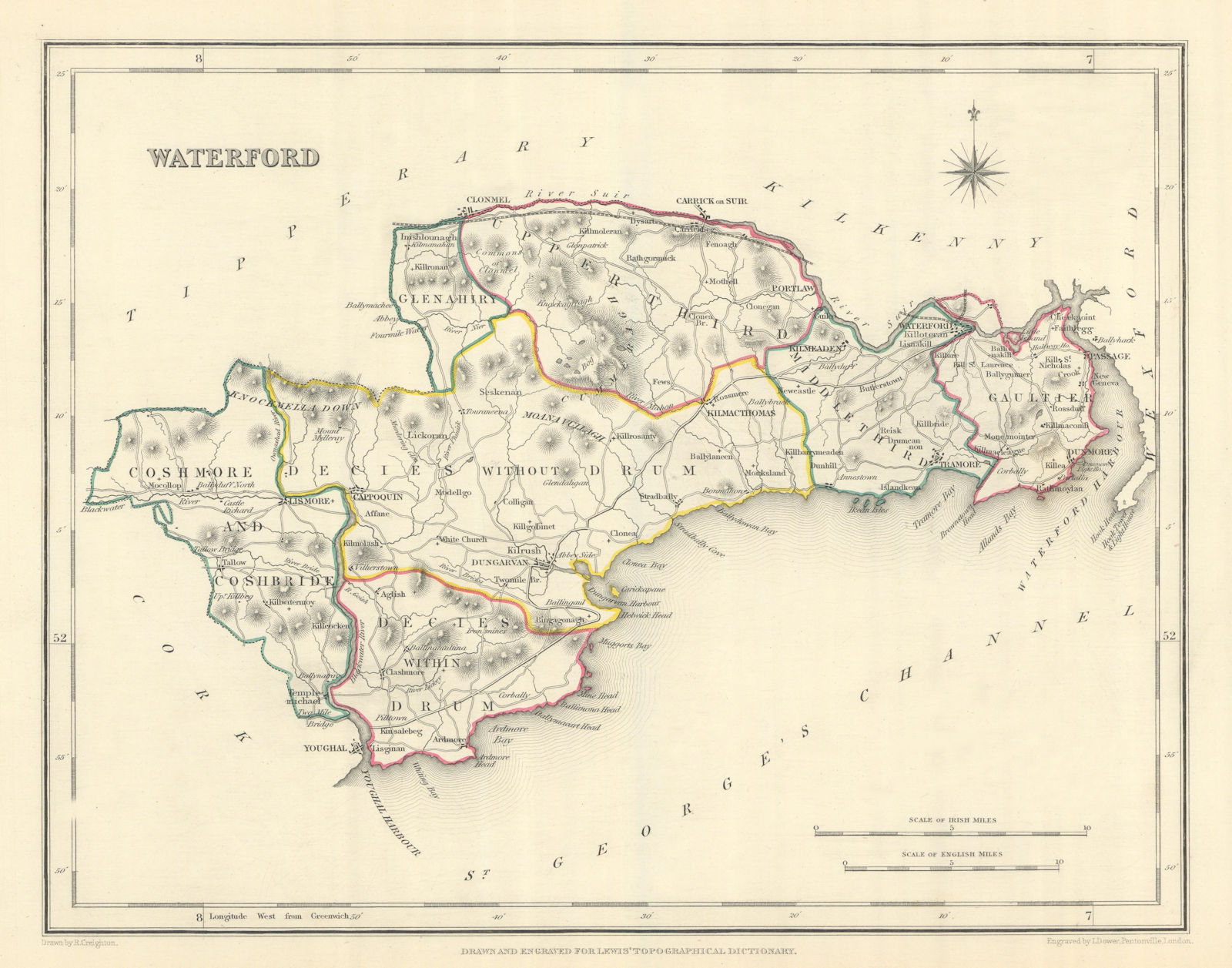 COUNTY WATERFORD antique map for LEWIS by CREIGHTON & DOWER. Ireland 1850