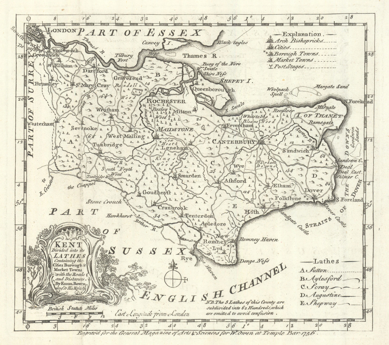 County map of "Kent Divided into its Lathes…" by Emanuel Bowen 1756 old