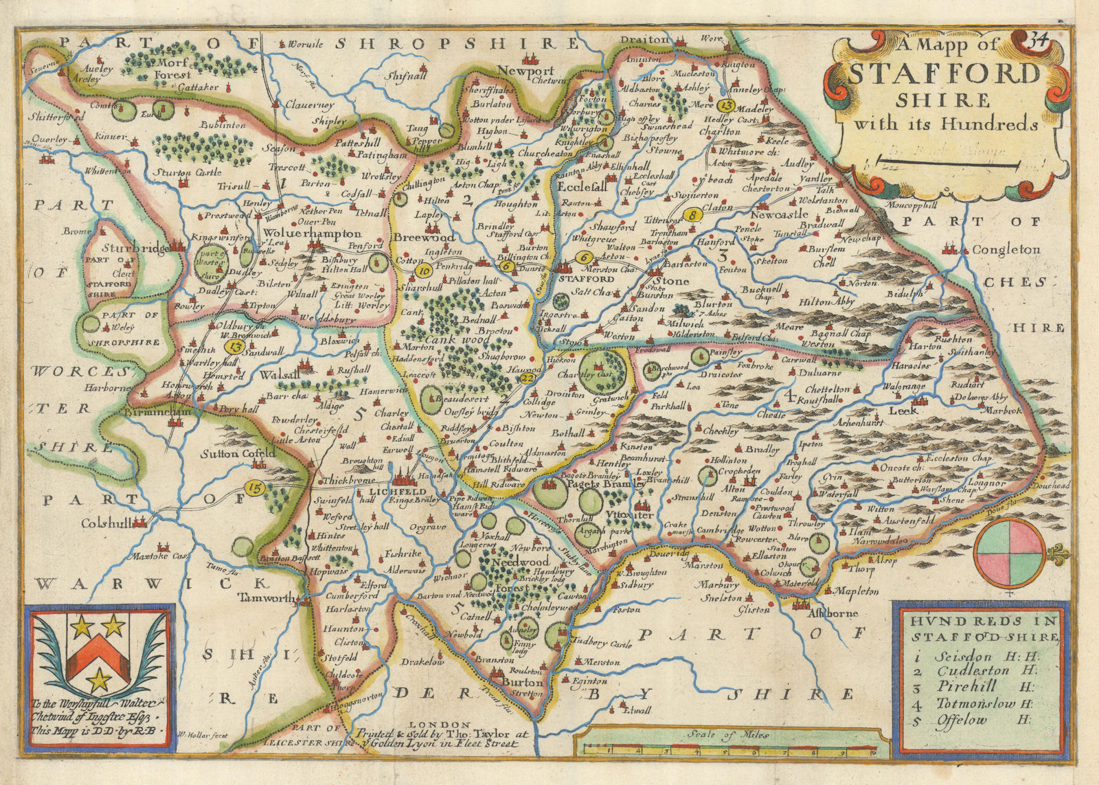 Associate Product A Mapp of Staffordshire with its Hundreds by Richard Blome. County map 1715
