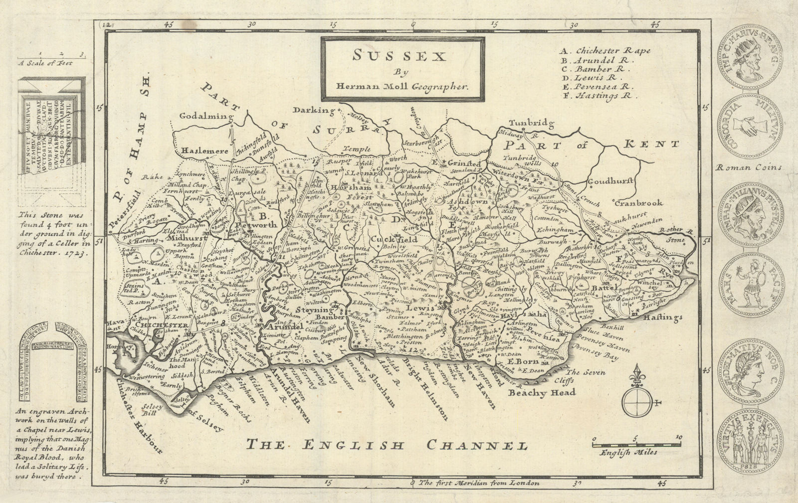 Sussex by Herman Moll. County map 1724 old antique vintage plan chart