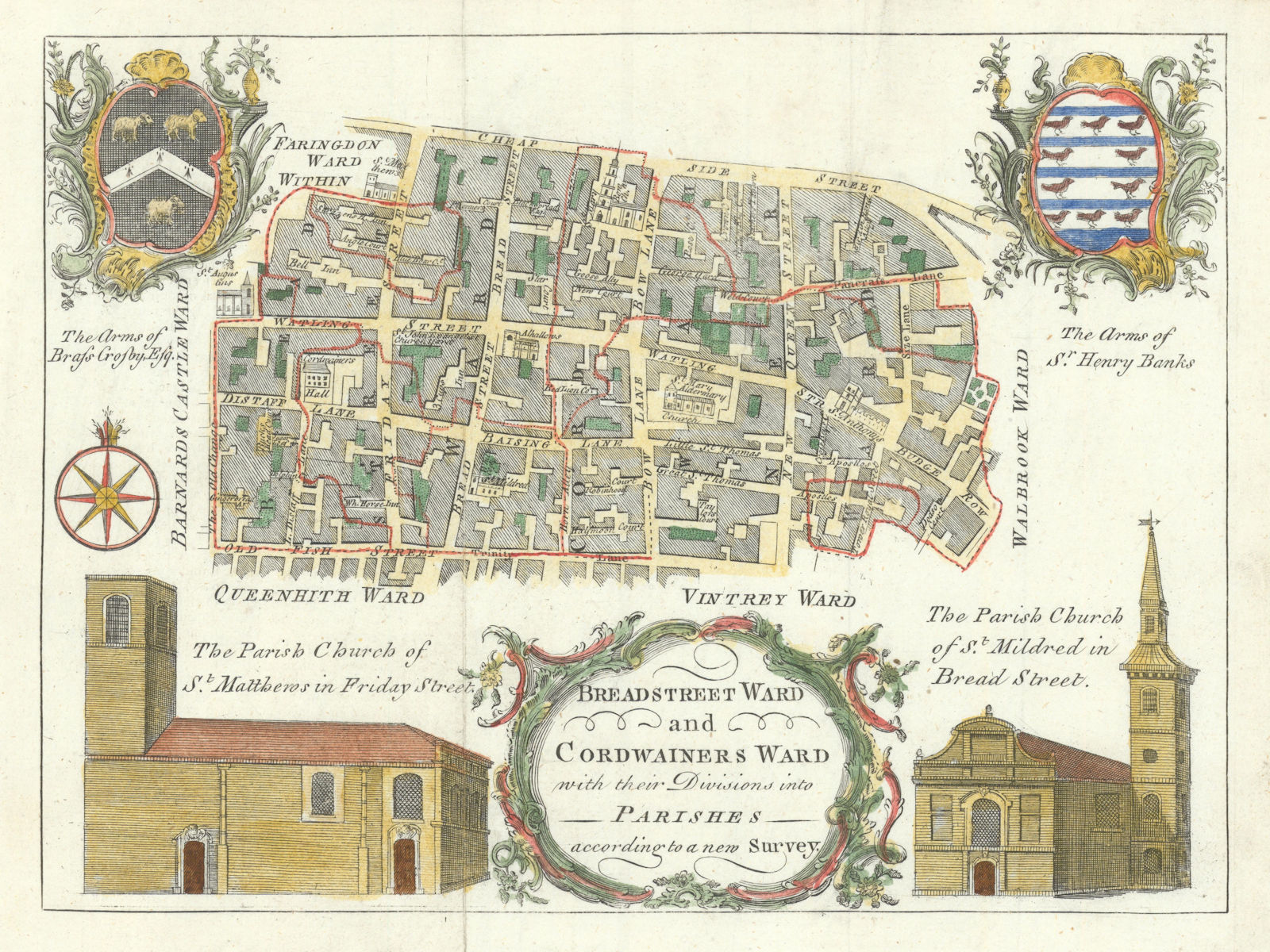 Breadstreet & Cordwainers Wards. City of London. Cheapside. BOWEN c1772 map