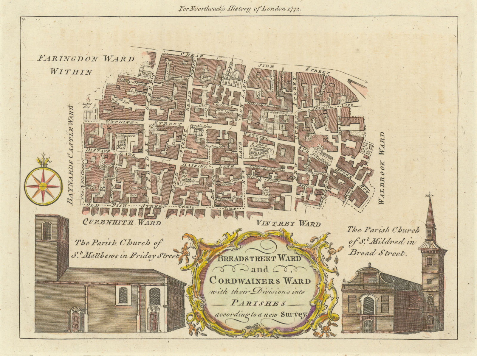 Breadstreet & Cordwainers Wards. City of London. Cheapside. BOWEN 1772 old map