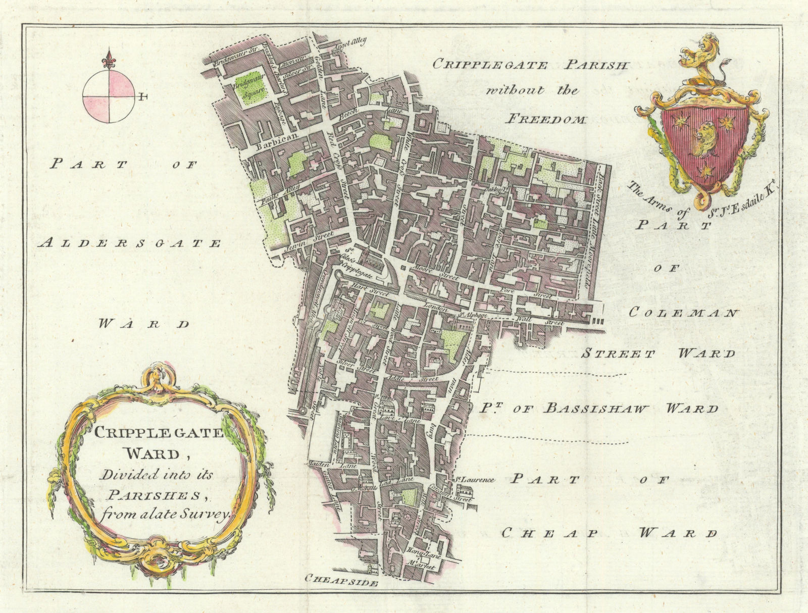Cripplegate Ward. City of London Wall Wood Street Moorgate. BOWEN c1772 map