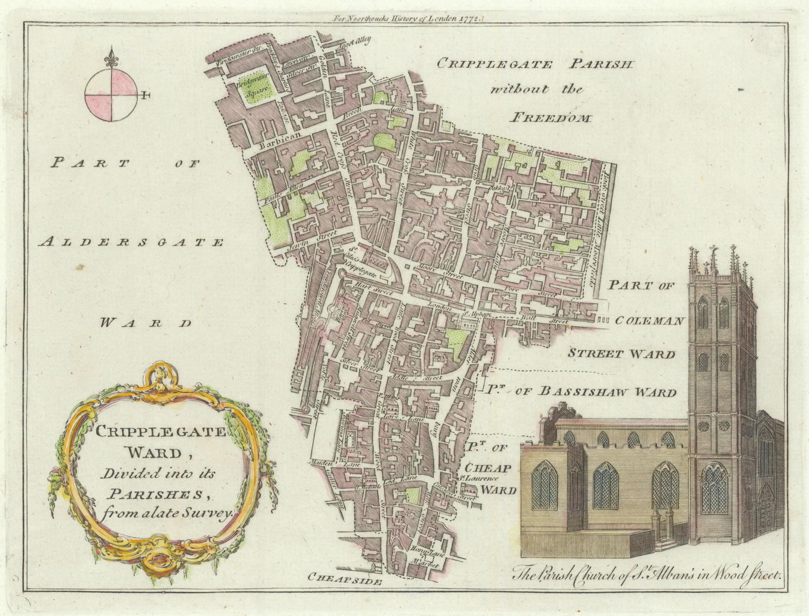 Cripplegate Ward. City of London Wall Wood Street Moorgate. BOWEN 1772 old map