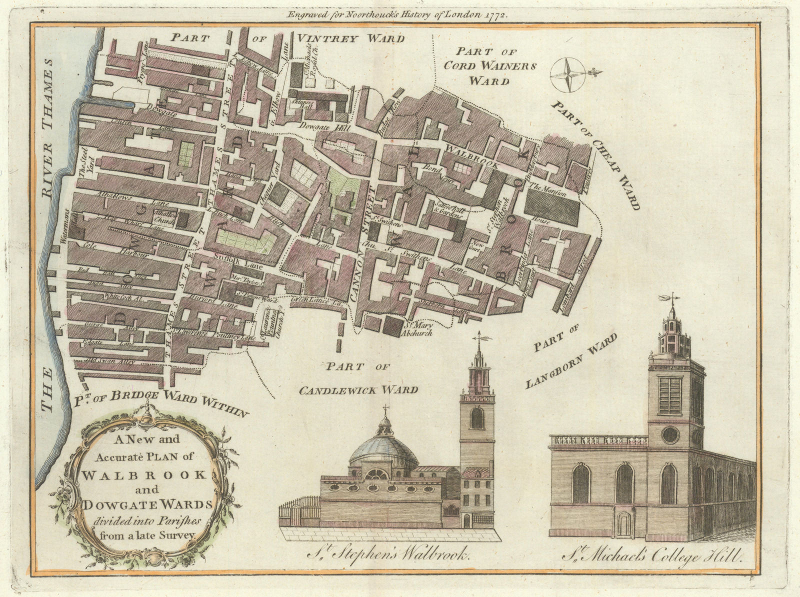 Walbrook & Dowgate Wards. City of London Thames & Cannon St. BOWEN 1772 map