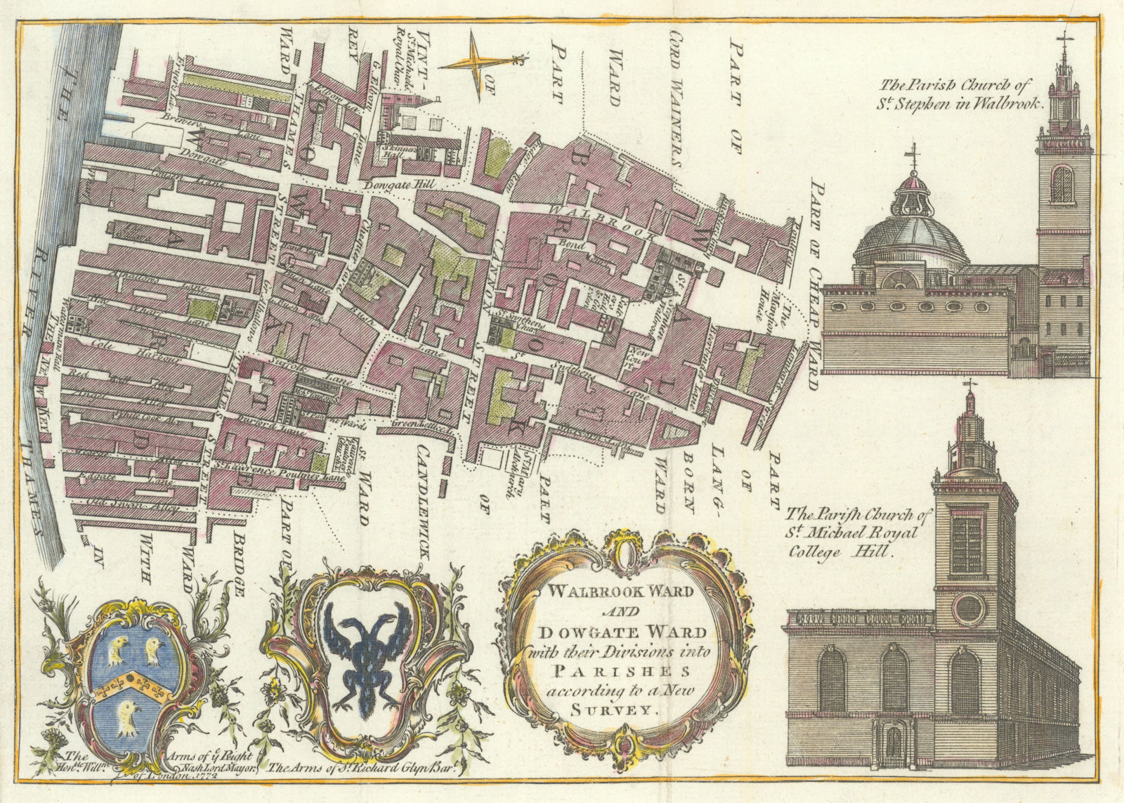 Walbrook & Dowgate Wards. City of London Thames & Cannon St. BOWEN c1772 map