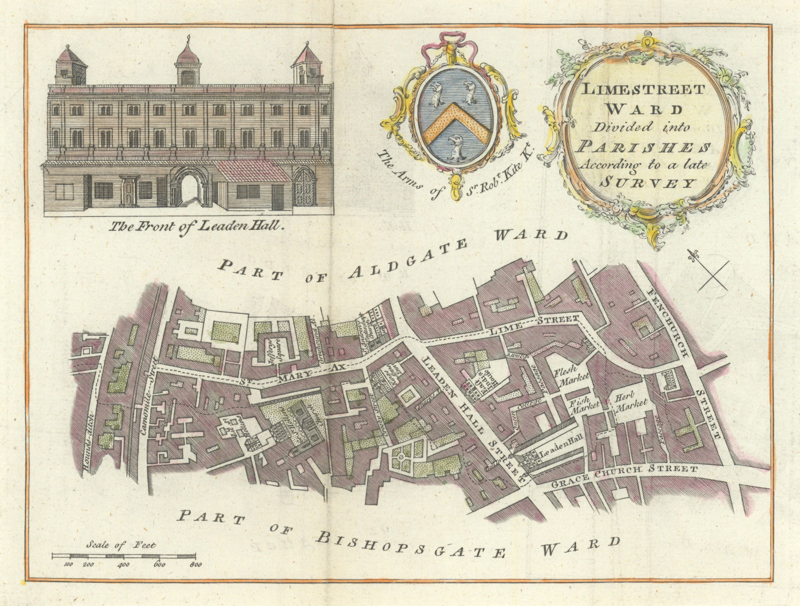 Limestreet Ward. City of London. Leadenhall Gracechurch Street. BOWEN c1772 map