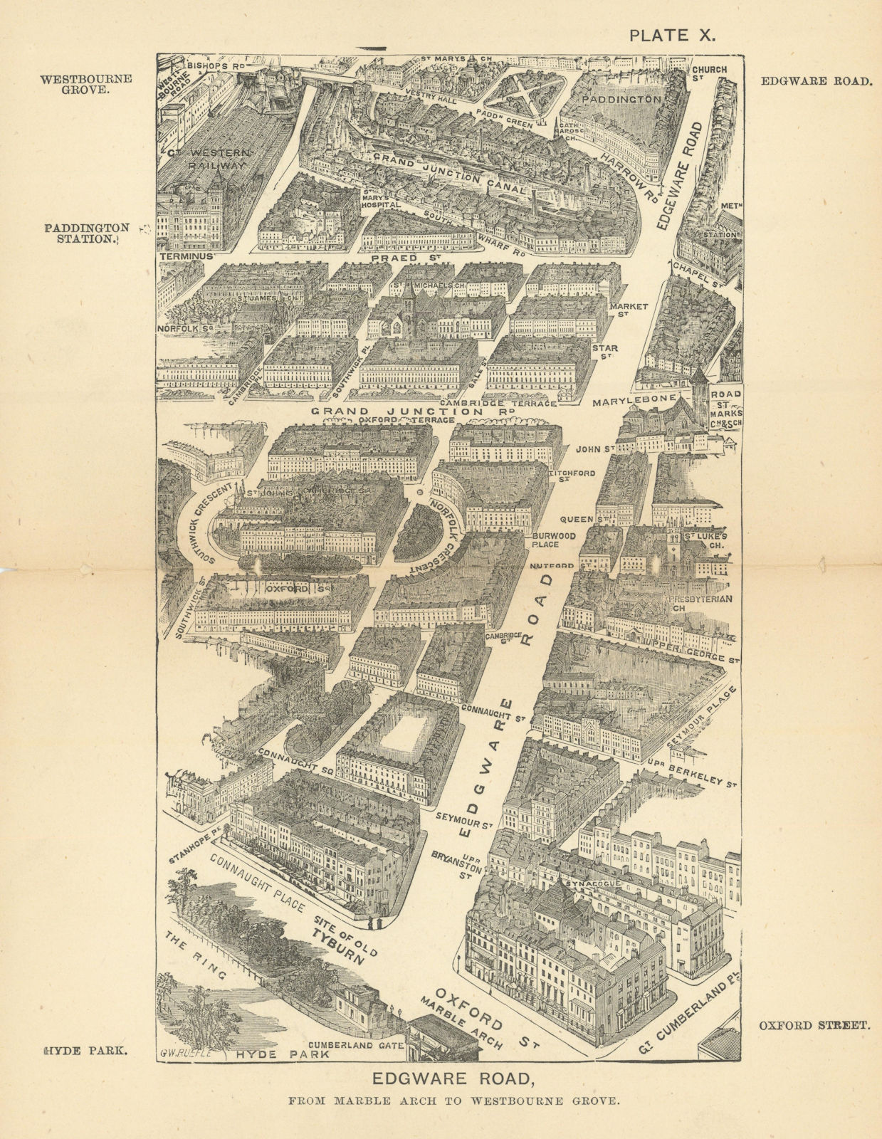 Bird's eye view Edgware Road. Marble Arch to Westbourne Grove. SULMAN 1891 map