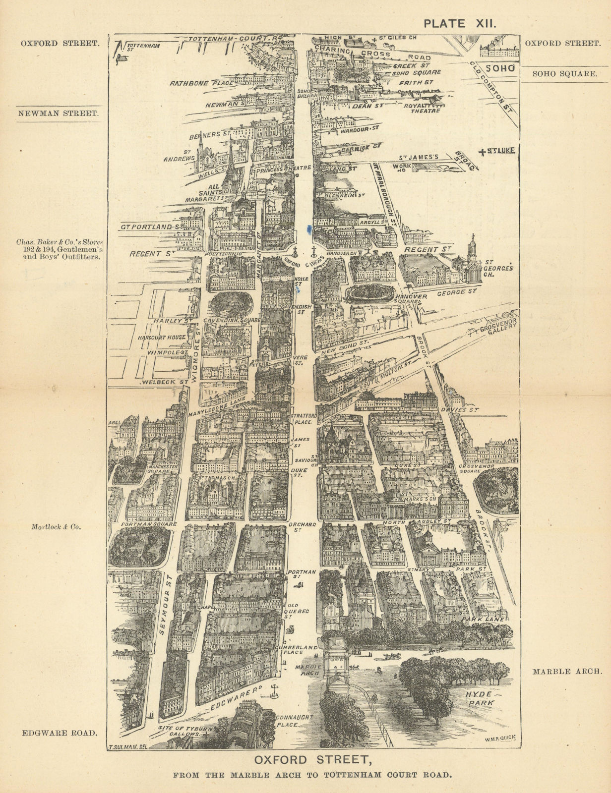 Bird's eye view Oxford Street. Marble Arch-Tottenham Court Road. SULMAN 1891 map