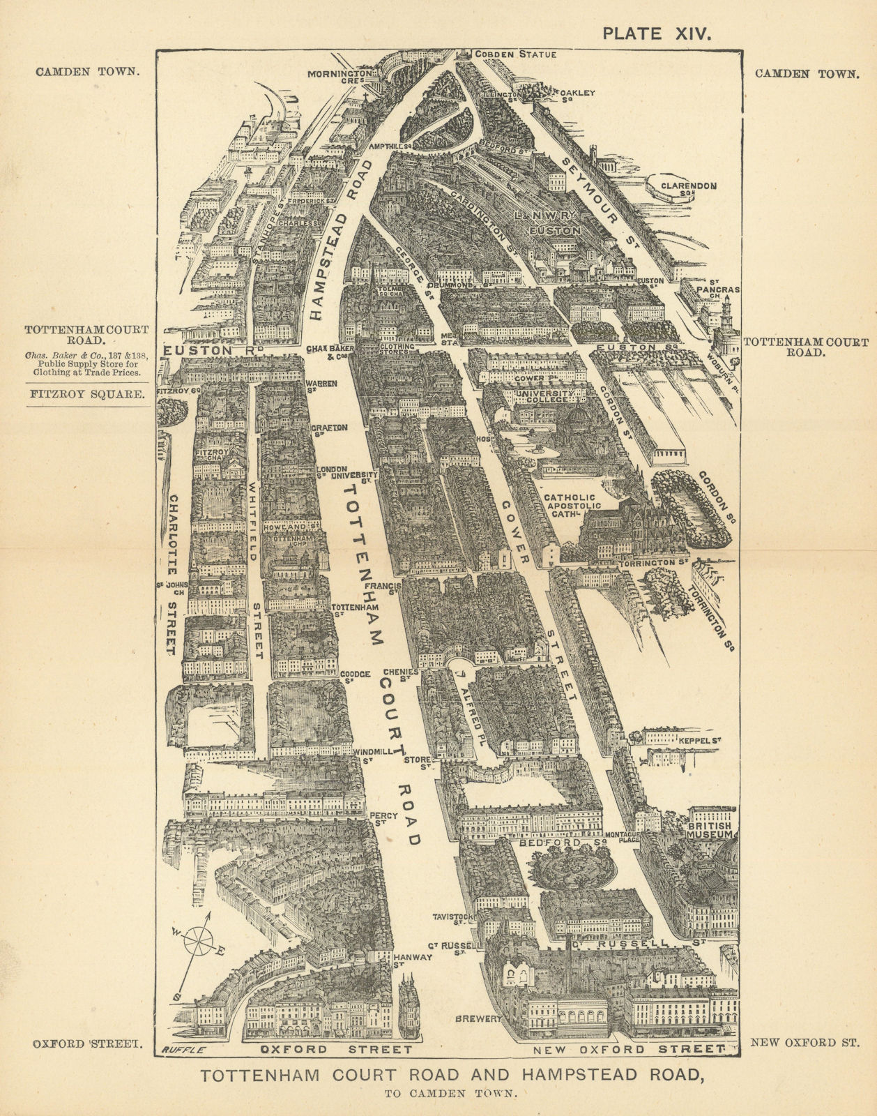 Bird's eye view Tottenham Court Road & Hampstead Road to Camden. SULMAN 1891 map
