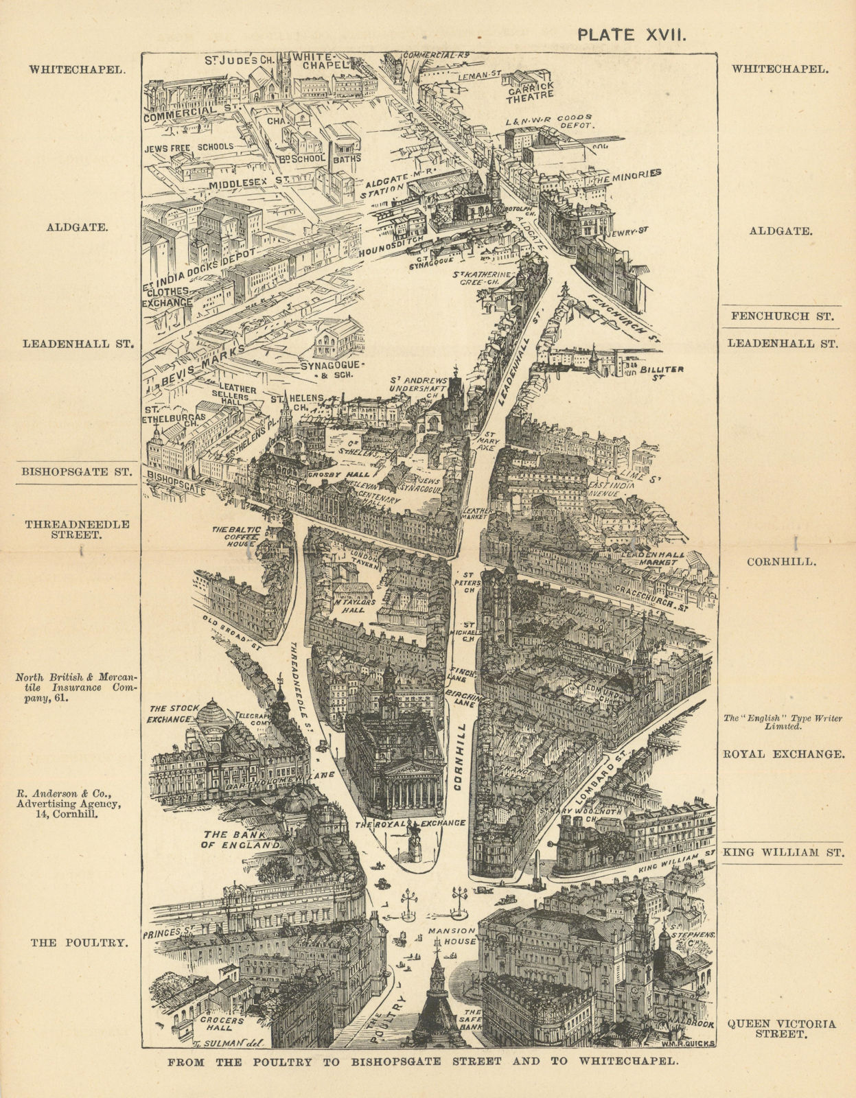 Bird's eye view Poultry to Bishopsgate & Whitechapel by Thomas Sulman 1891 map