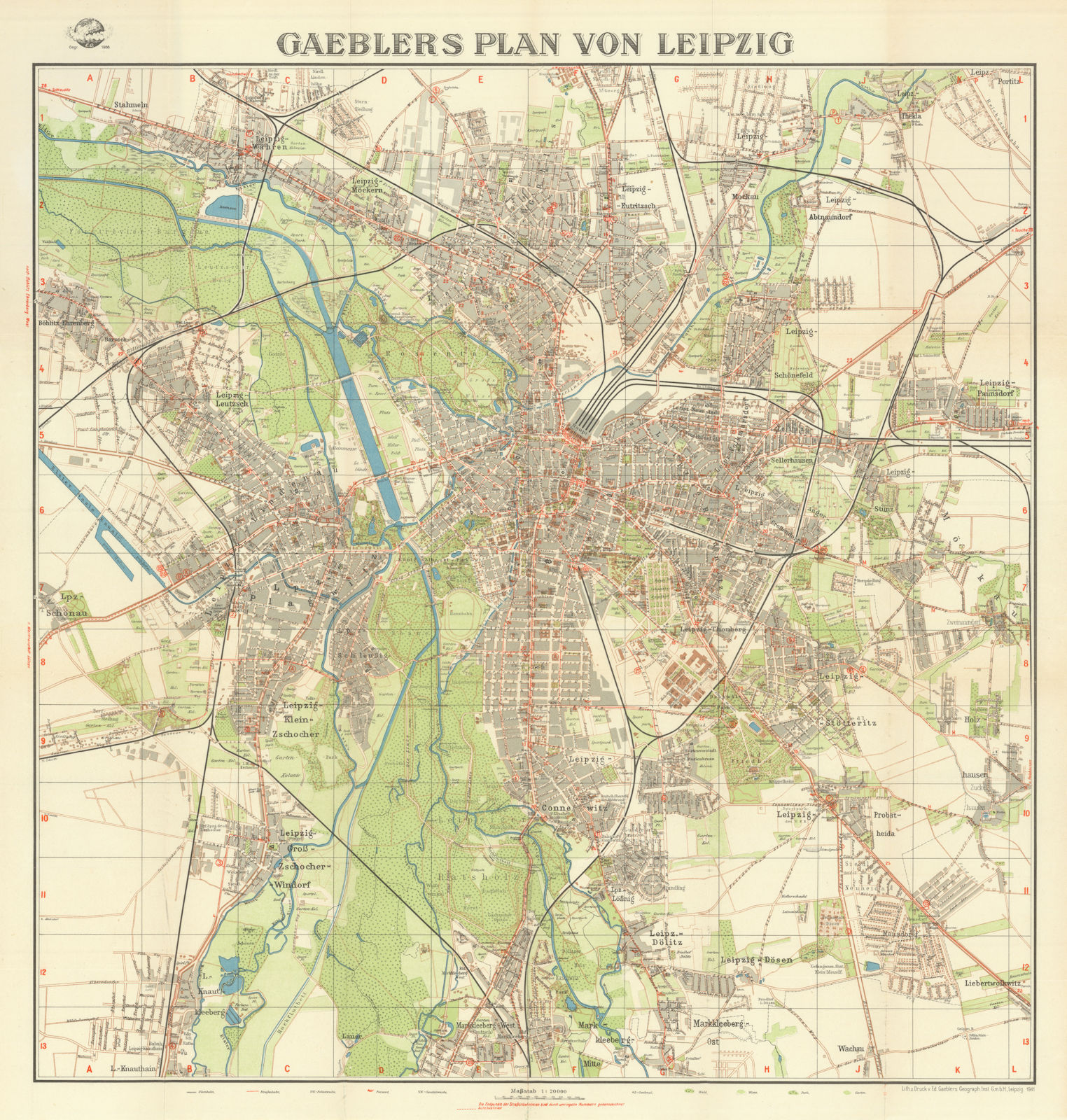 Gaebler's Plan von Leipzig. City plan 1941 old vintage map chart