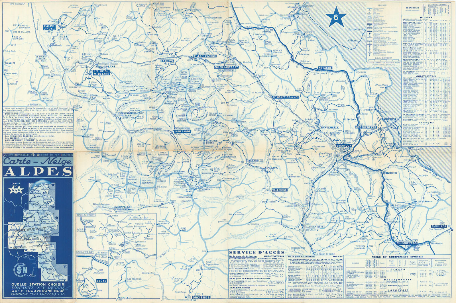 SNCF Carte-Neige Alpes #5-6 Hautes-Alpes/Isère Ski resorts map Alpe d'Huez 1939