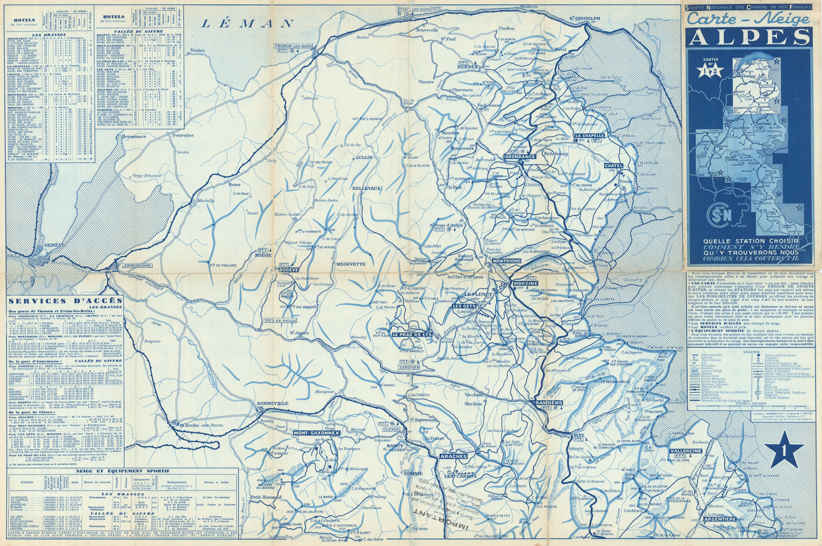 Associate Product SNCF Carte-Neige Alpes #1-2 Haute-Savoie Ski resorts map. Chamonix Avoriaz 1939