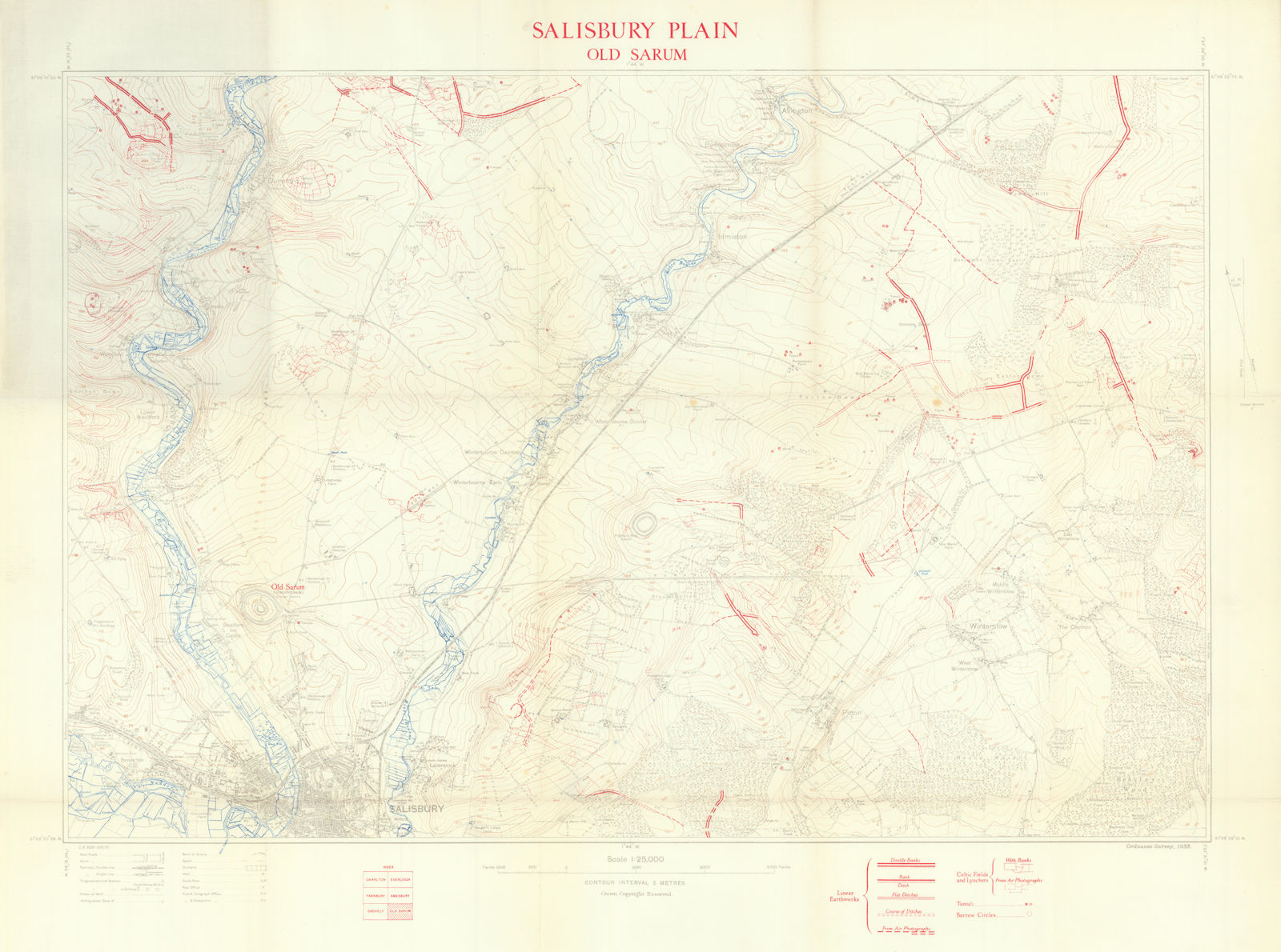 Salisbury Plain Celtic Earthworks - Old Sarum. OGS Crawford/OS. Scarce 1933 map