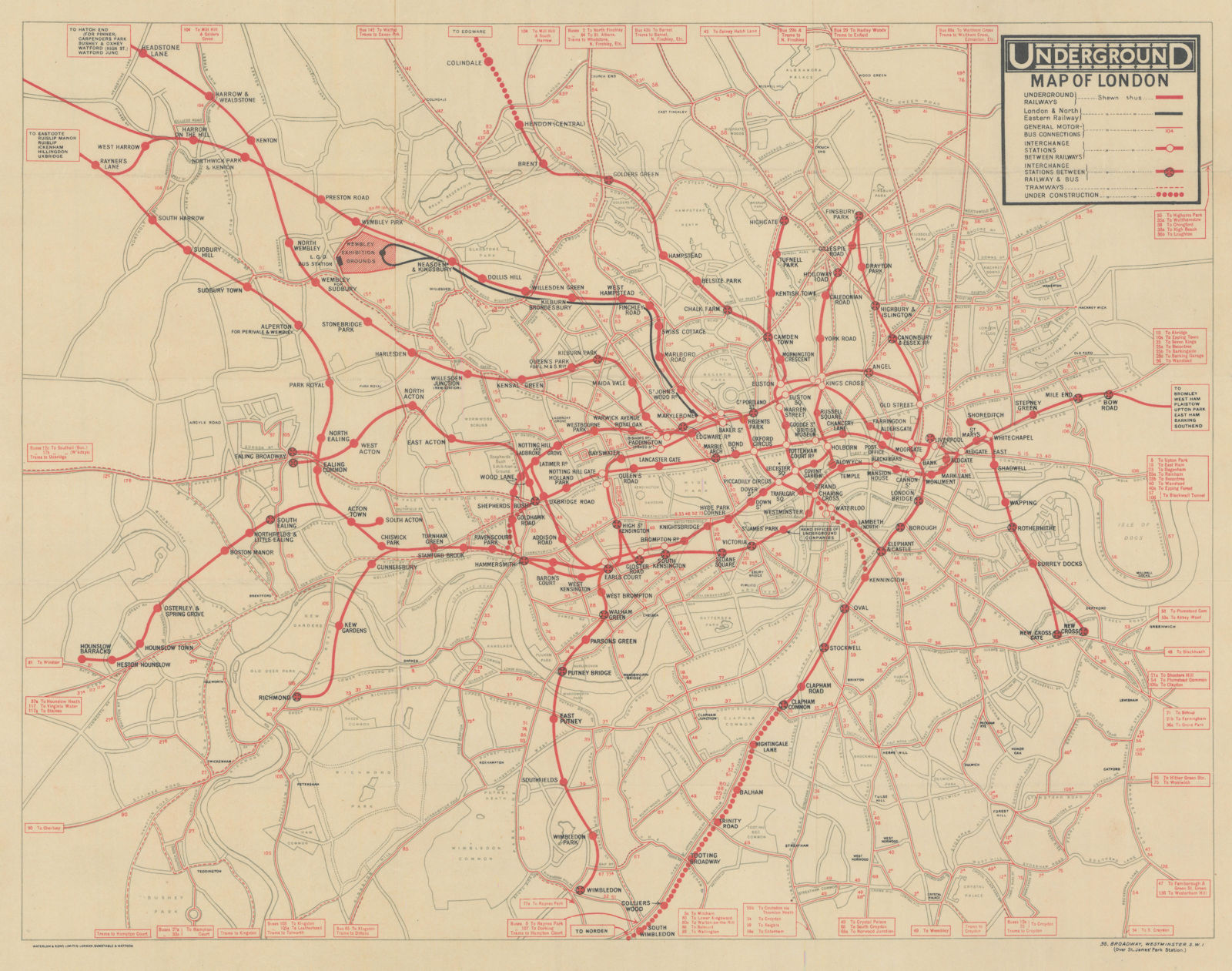 Underground Map of London. Tube network. No print code. June-August/mid 1924