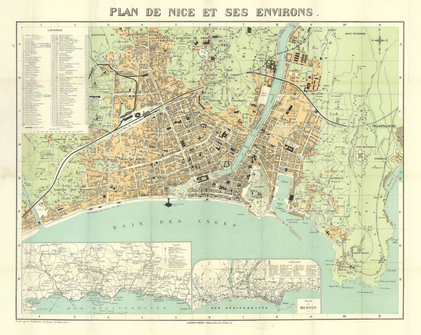 Plan de Nice et ses Environs. City plan by Garnier Frères/Poulmaire c1908 map