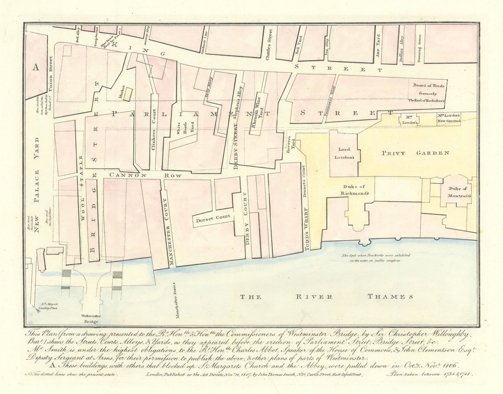 Westminster in 1734 before Parliament & Bridge Streets. J.T. SMITH 1807 map