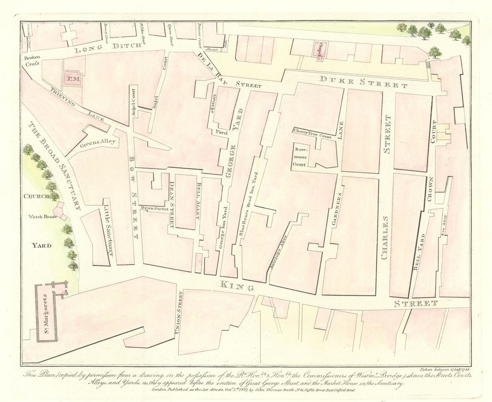 Plan of Westminster in 1734 before Parliament Street. J.T. SMITH 1807 old map