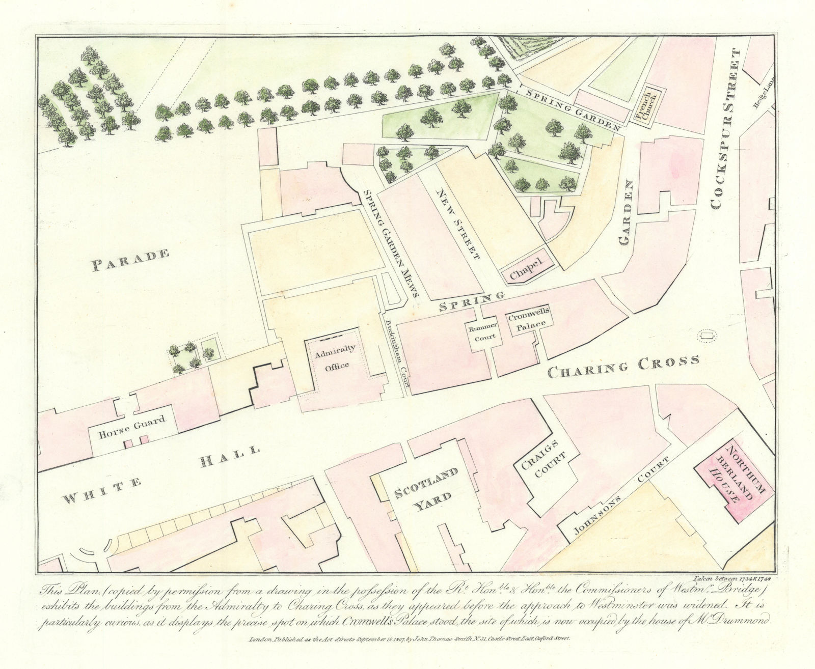 Plan of Charing Cross & Whitehall in 1734. Westminster. J.T. SMITH 1809 map