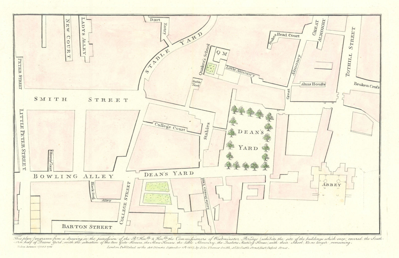 Plan of Dean's Yard, Smith Street & Westminster Abbey, 1734. J.T. SMITH 1807 map